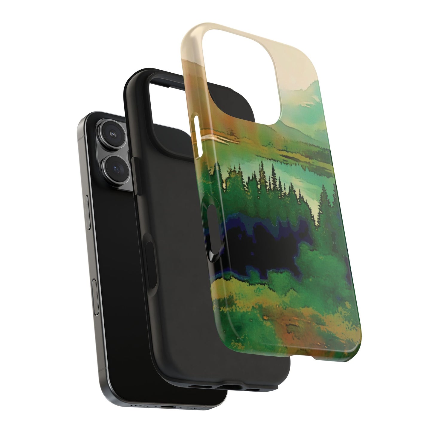 Mountain Lake Tough Phone Cases, iPhone & Samsung cases, wireless charging, trees, nature, colorful, original artwork, gifts, Christmas