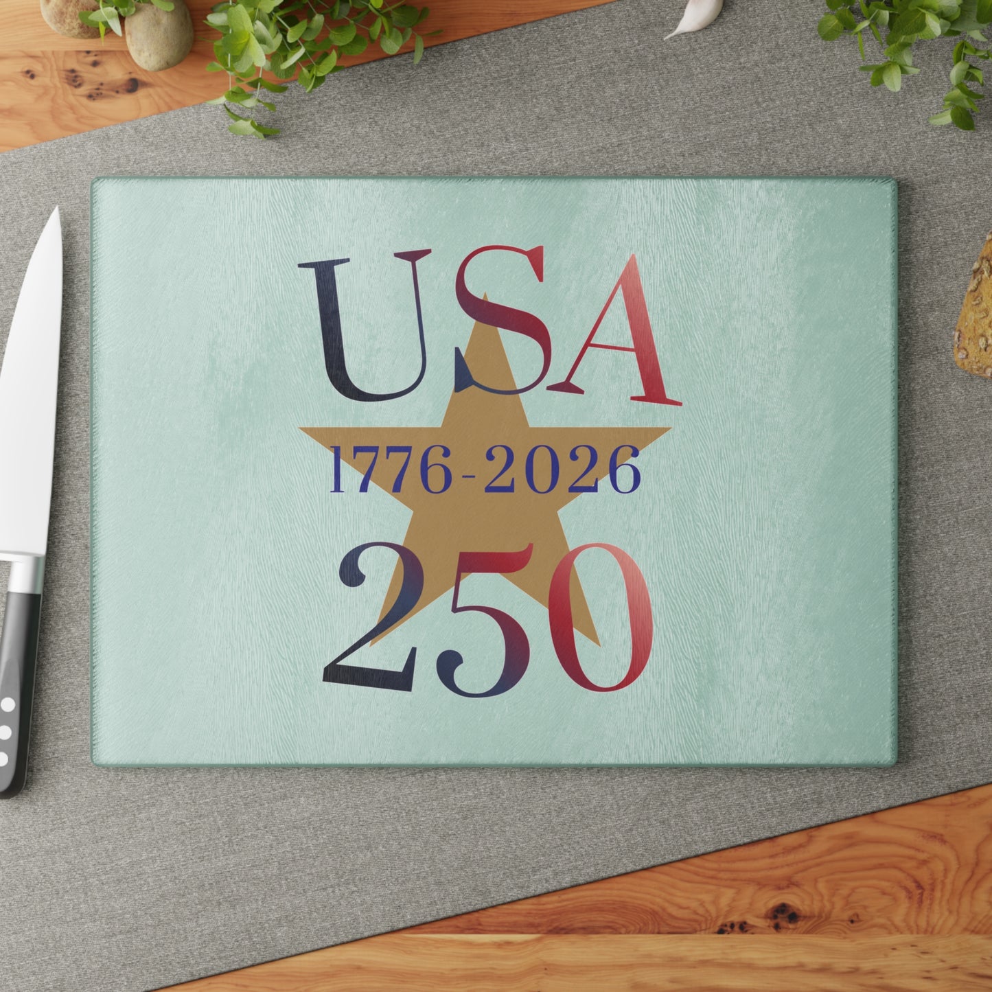 USA 250th Anniversary Glass Cutting Board — 1776–2026 Patriotic Kitchen Decor