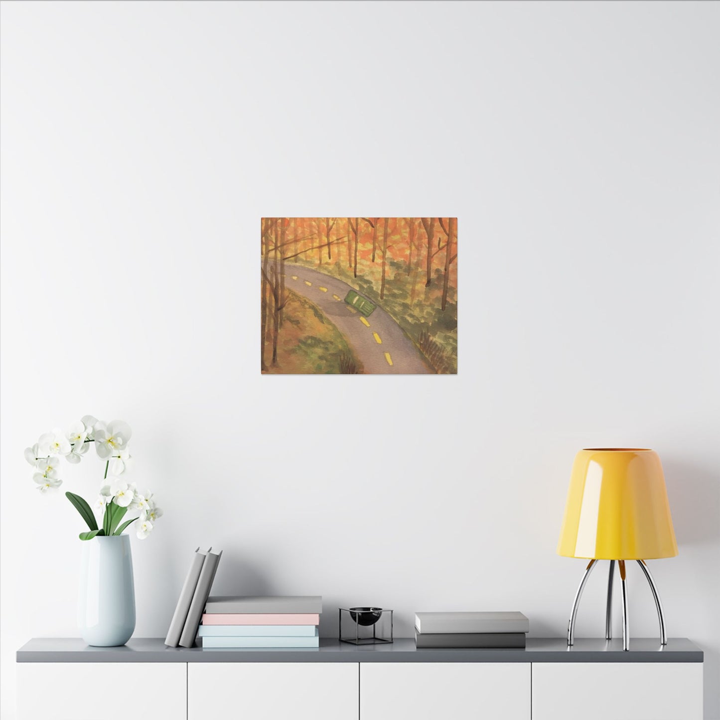 Canvas Wrap Autumn Drive in the Country, Nature, America, Trees, Original Watercolor Print, Artwork, Wall Art, Green Truck, Fall Leaves