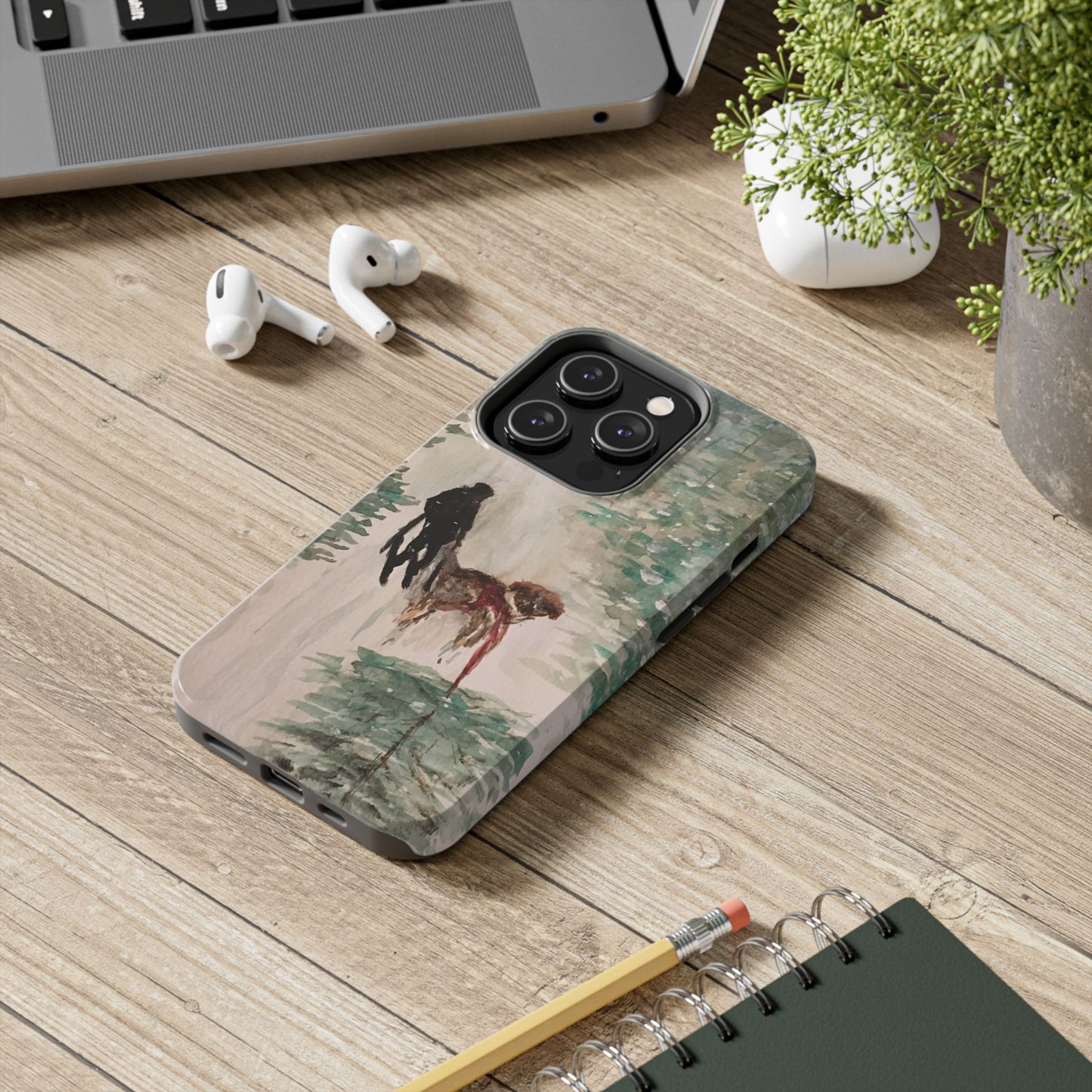 Skier Dog Pulling Tree Tough Phone Cases, iPhone & Samsung cases, wireless charging, pine trees, snow, original artwork, gifts, Christmas