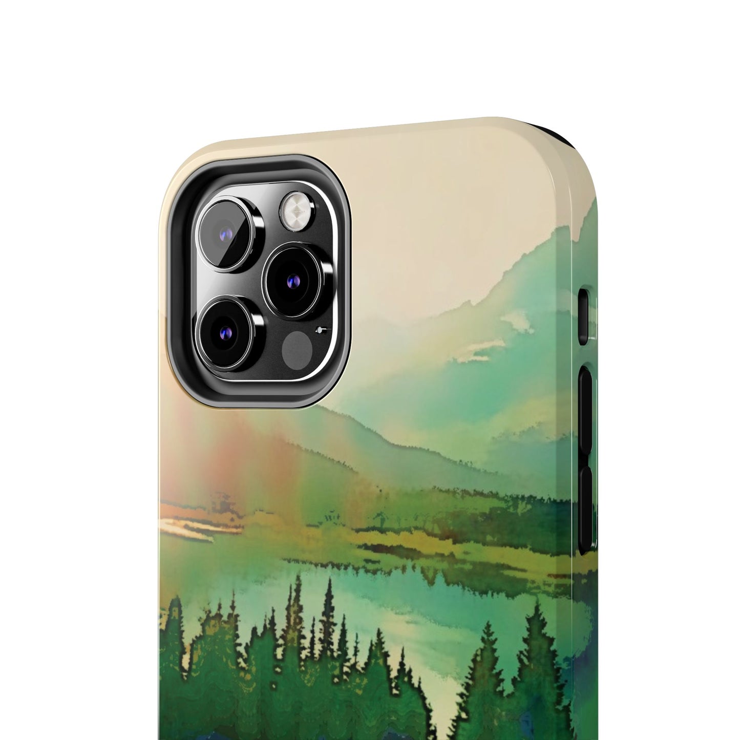 Mountain Lake Tough Phone Cases, iPhone & Samsung cases, wireless charging, trees, nature, colorful, original artwork, gifts, Christmas