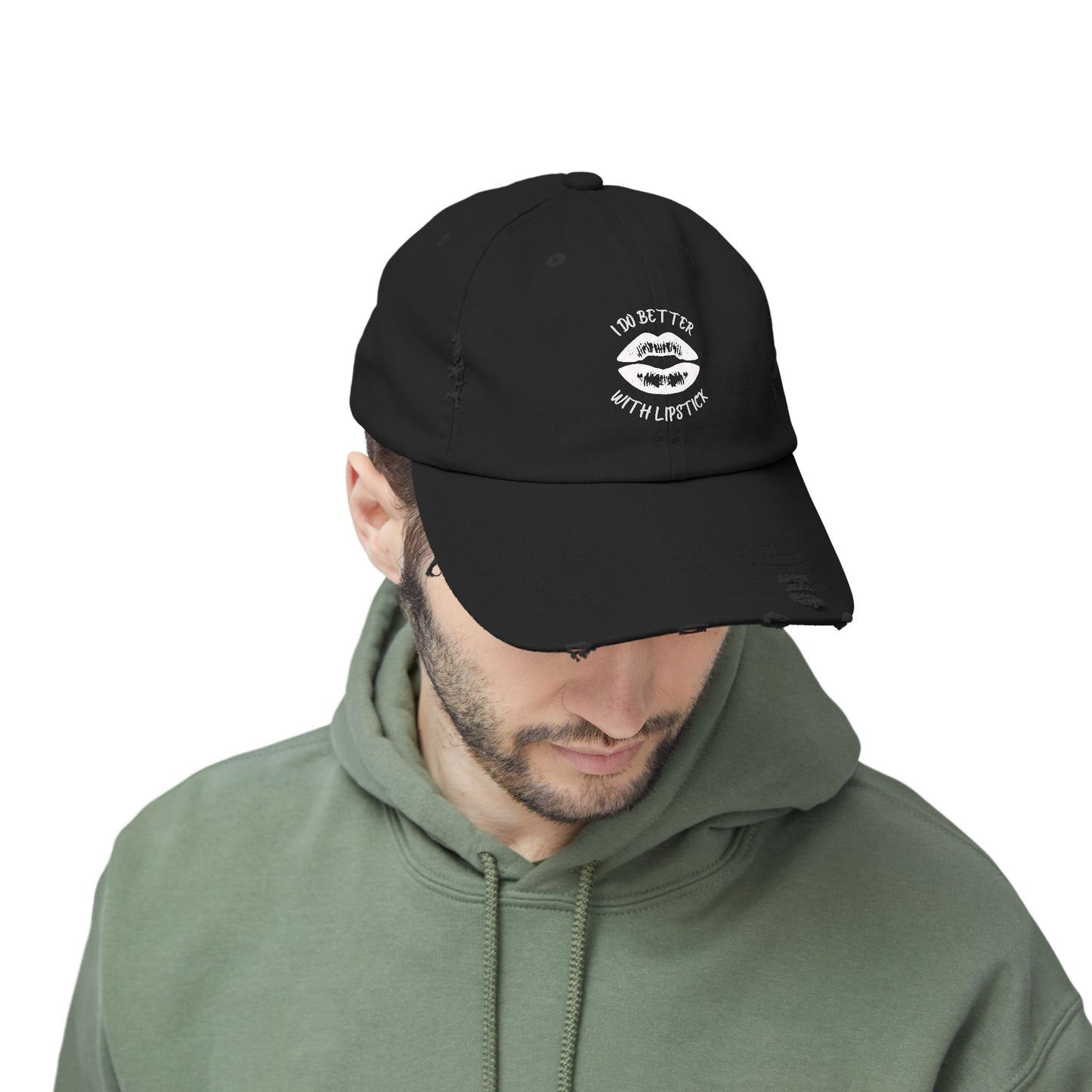 Distressed Cap - I Do Better With Lipstick, Glamorous & Bold, Adjustable, Cotton Twill