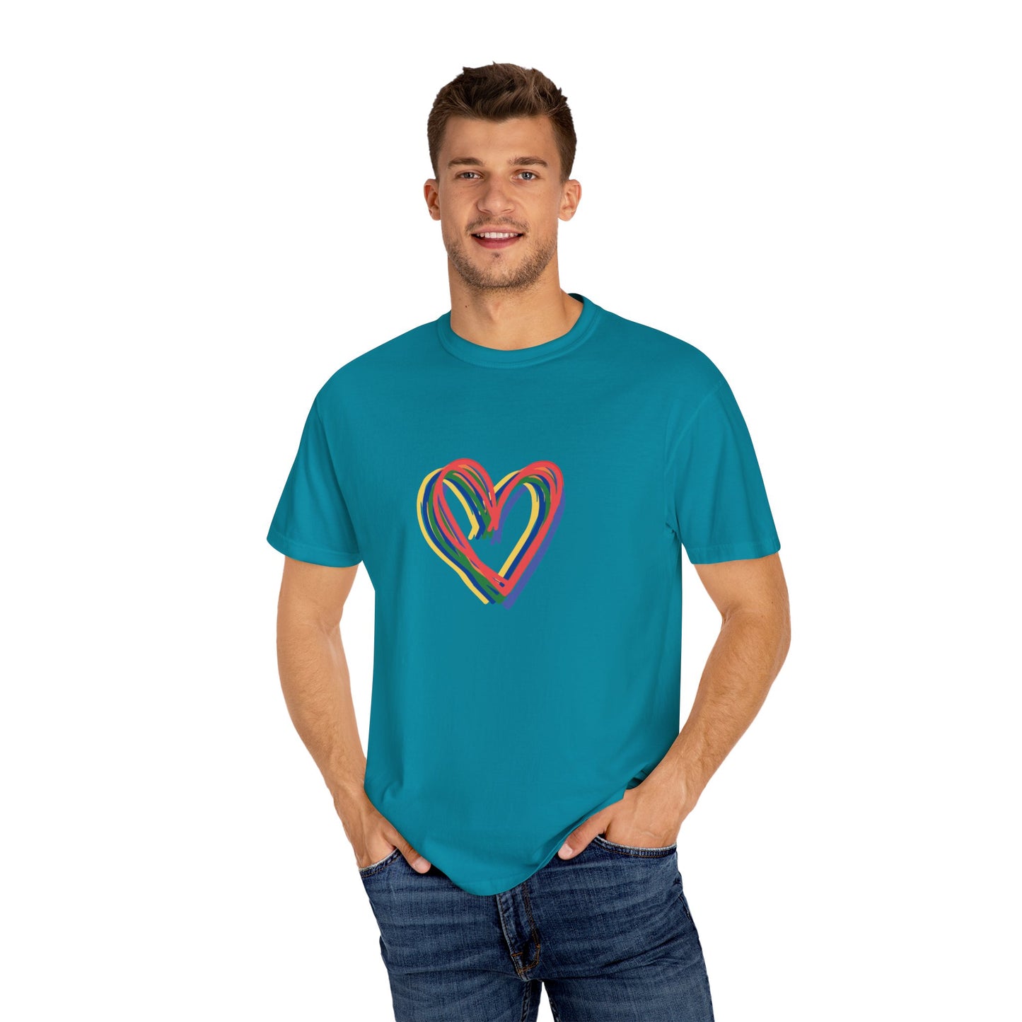 Rainbow Hearts Unisex Garment-Dyed T-shirt, love, Pride, gender neutral, casual, men, women, relaxed, soft, preshrunk cotton, Valentines Day
