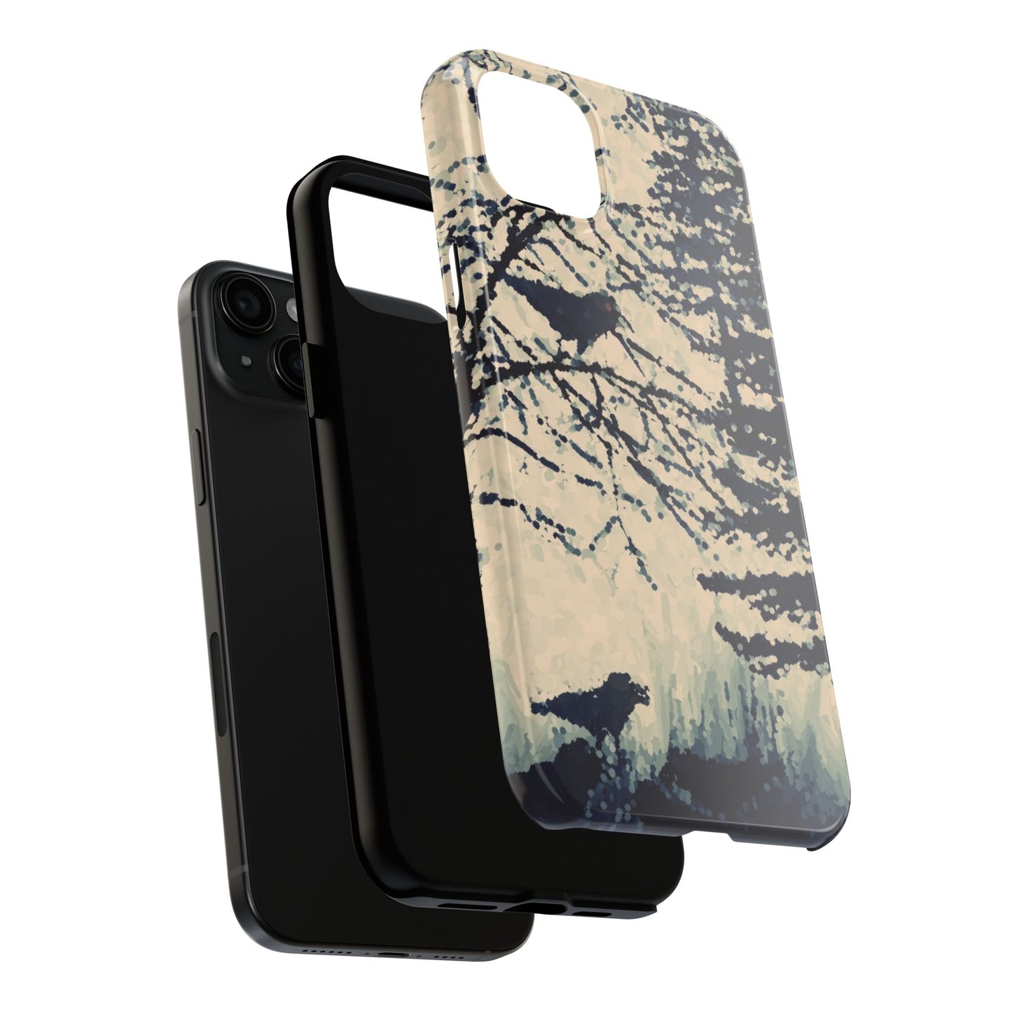 Crows in Forest Tough Phone Cases, iPhone & Samsung cases, wireless charging, crows, trees, birds, original artwork, gifts, Halloween