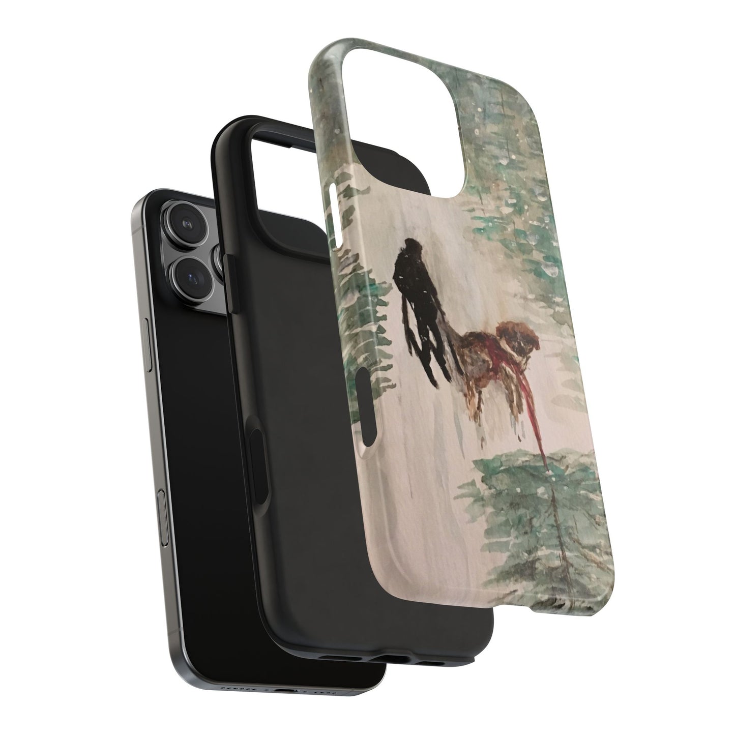 Skier Dog Pulling Tree Tough Phone Cases, iPhone & Samsung cases, wireless charging, pine trees, snow, original artwork, gifts, Christmas
