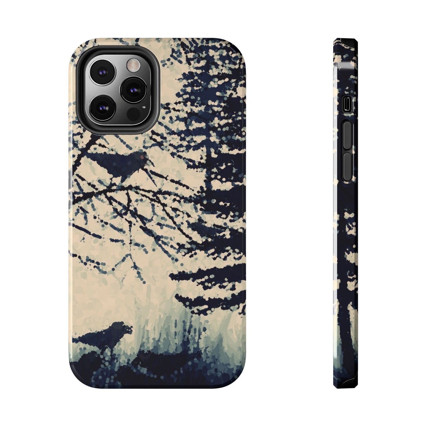Crows in Forest Tough Phone Cases, iPhone & Samsung cases, wireless charging, crows, trees, birds, original artwork, gifts, Halloween