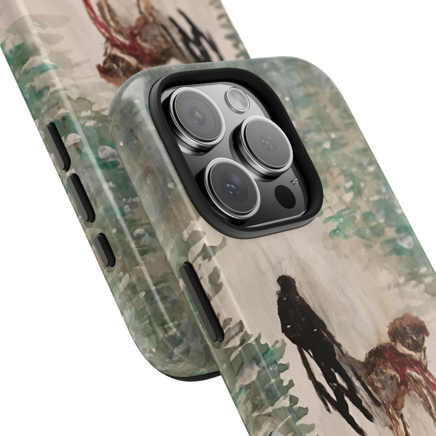 Skier Dog Pulling Tree Tough Phone Cases, iPhone & Samsung cases, wireless charging, pine trees, snow, original artwork, gifts, Christmas