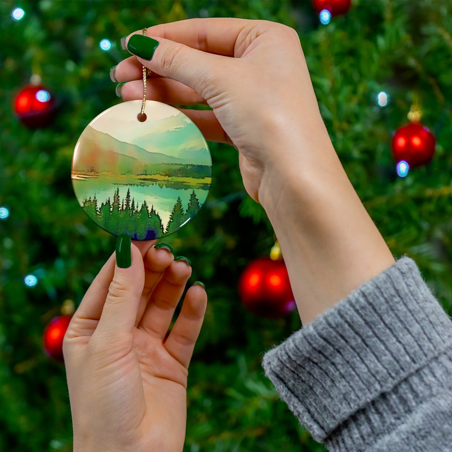Mountain Lake Hanging Ceramic Ornament, 4 Shapes Circle, Snowflake, Heart, Star, Forest, Tree, Rustic, Holiday, Decor, Gifts, Landscape
