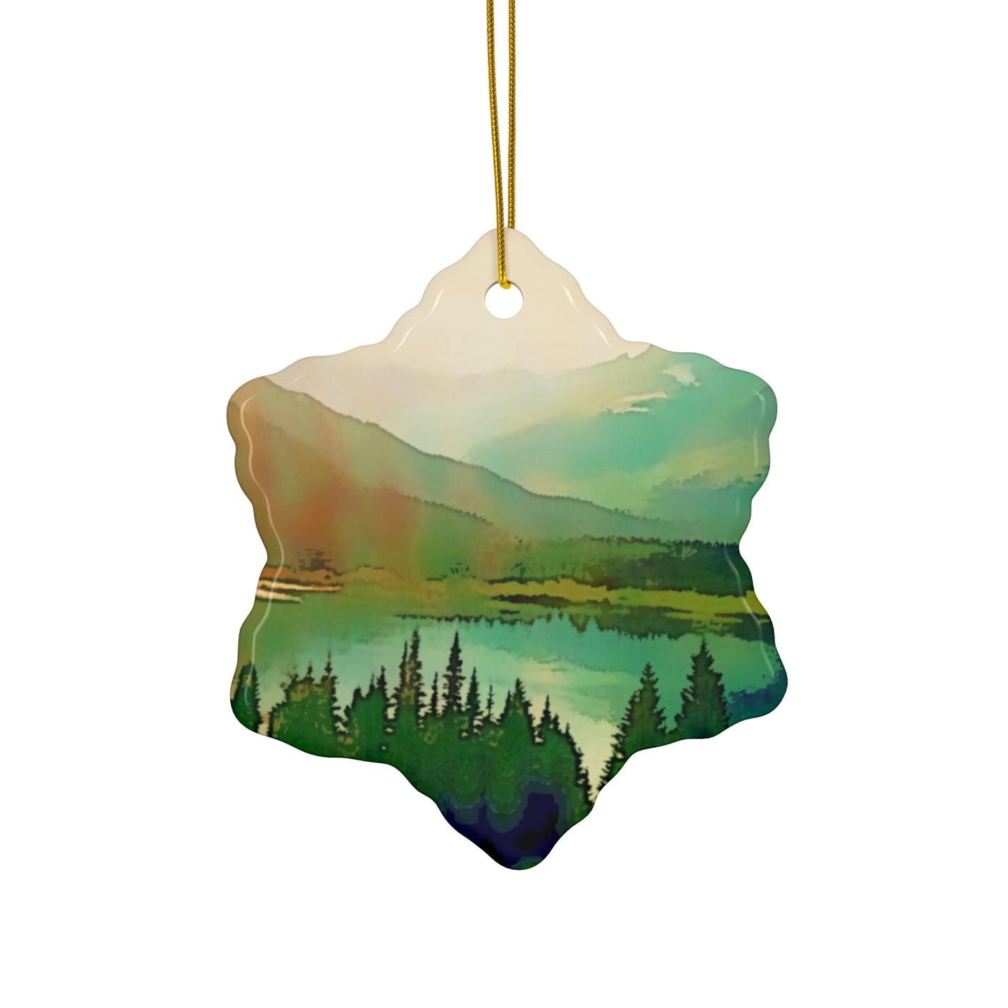 Mountain Lake Hanging Ceramic Ornament, 4 Shapes Circle, Snowflake, Heart, Star, Forest, Tree, Rustic, Holiday, Decor, Gifts, Landscape