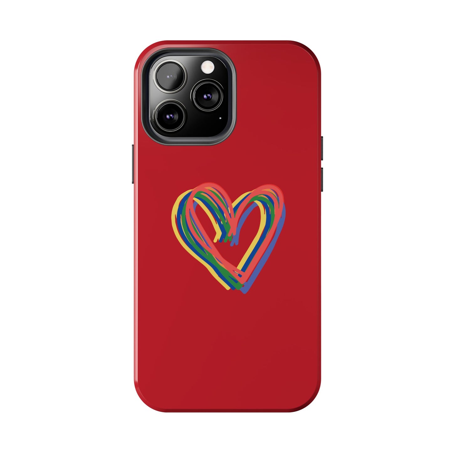 Rainbow Hearts Tough Phone Case, Red Phone Cover, Smartphone Case, Heart Pattern Phone Shell, Phone Hard Case, Colorful, Wireless Charging