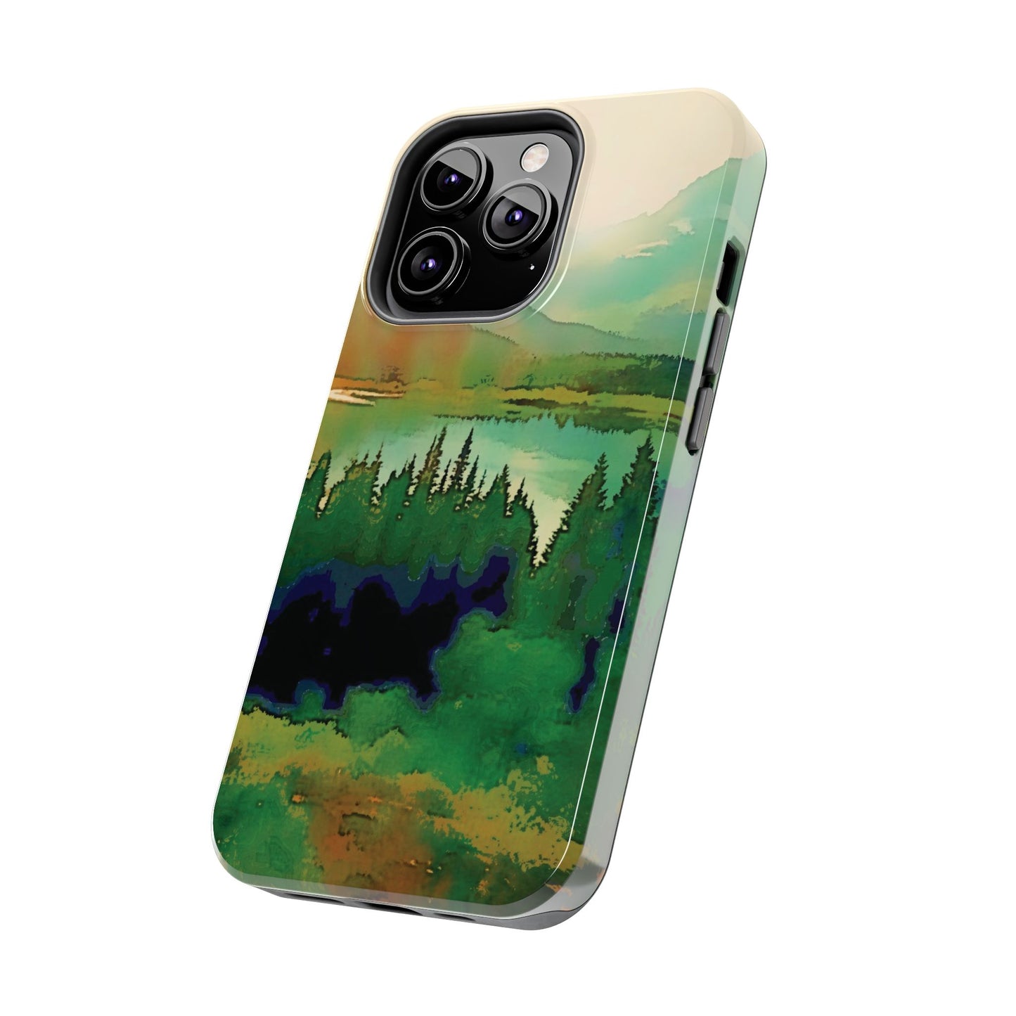 Mountain Lake Tough Phone Cases, iPhone & Samsung cases, wireless charging, trees, nature, colorful, original artwork, gifts, Christmas