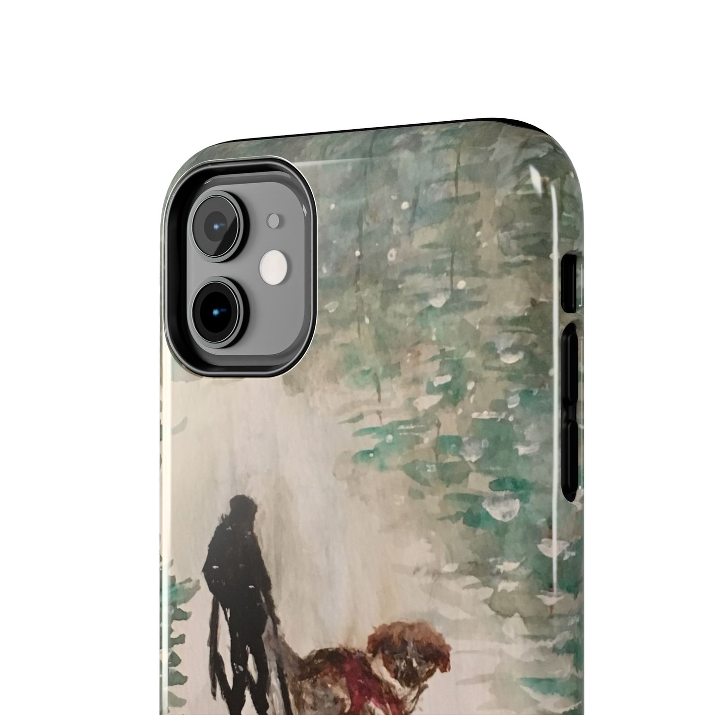 Skier Dog Pulling Tree Tough Phone Cases, iPhone & Samsung cases, wireless charging, pine trees, snow, original artwork, gifts, Christmas