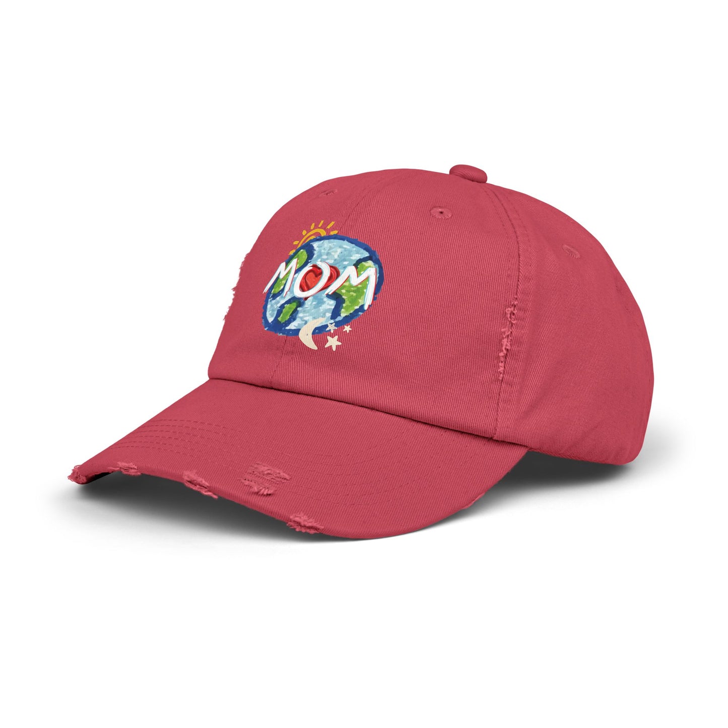 MOM Unisex Distressed Cap, Whole World, Sun, Moon & Stars, Heart, Mothers Day, Gifts for Women, Gift, Hats, Cotton Twill, Adjustable