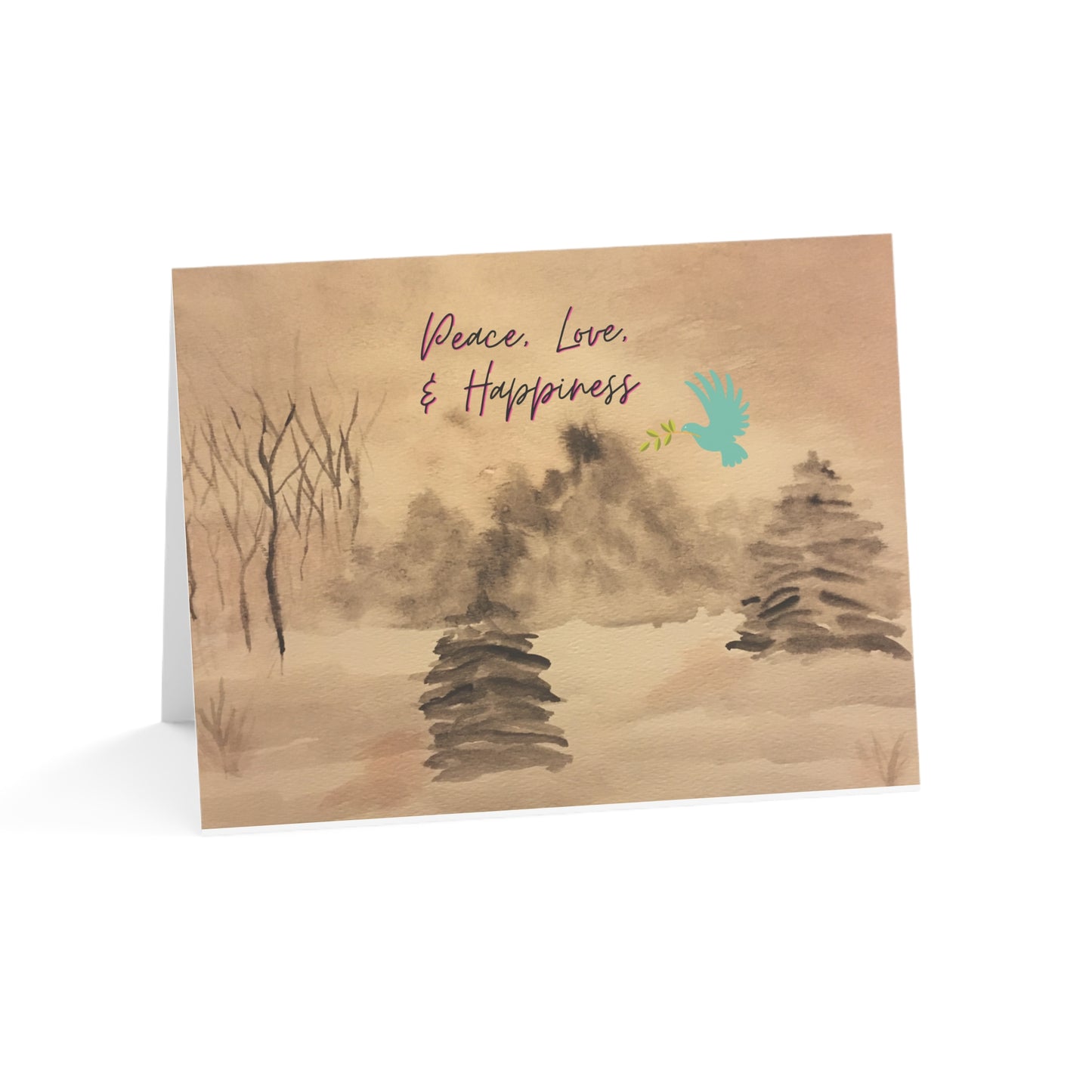 Holiday Greeting Cards Original Artwork Winter Scene (10, 30, & 50pcs), Peace Love Happiness, Wishing Joyful Healthy New Year, 4 size/3 fin