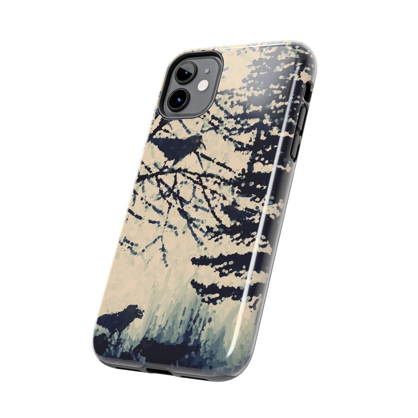 Crows in Forest Tough Phone Cases, iPhone & Samsung cases, wireless charging, crows, trees, birds, original artwork, gifts, Halloween