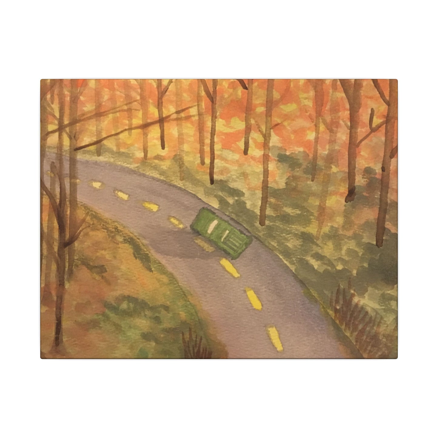 Canvas Wrap Autumn Drive in the Country, Nature, America, Trees, Original Watercolor Print, Artwork, Wall Art, Green Truck, Fall Leaves