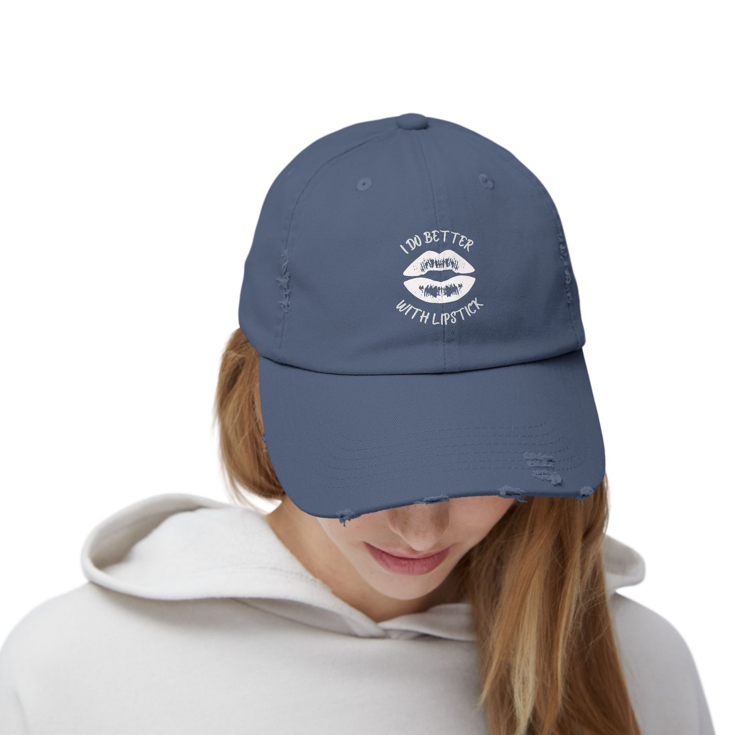 Distressed Cap - I Do Better With Lipstick, Glamorous & Bold, Adjustable, Cotton Twill