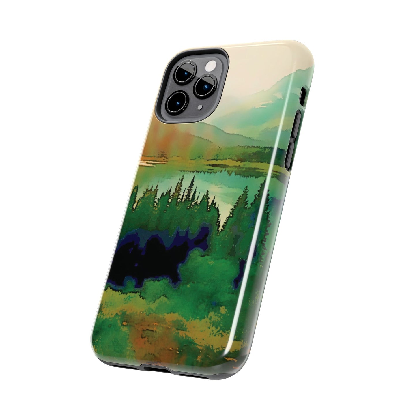Mountain Lake Tough Phone Cases, iPhone & Samsung cases, wireless charging, trees, nature, colorful, original artwork, gifts, Christmas