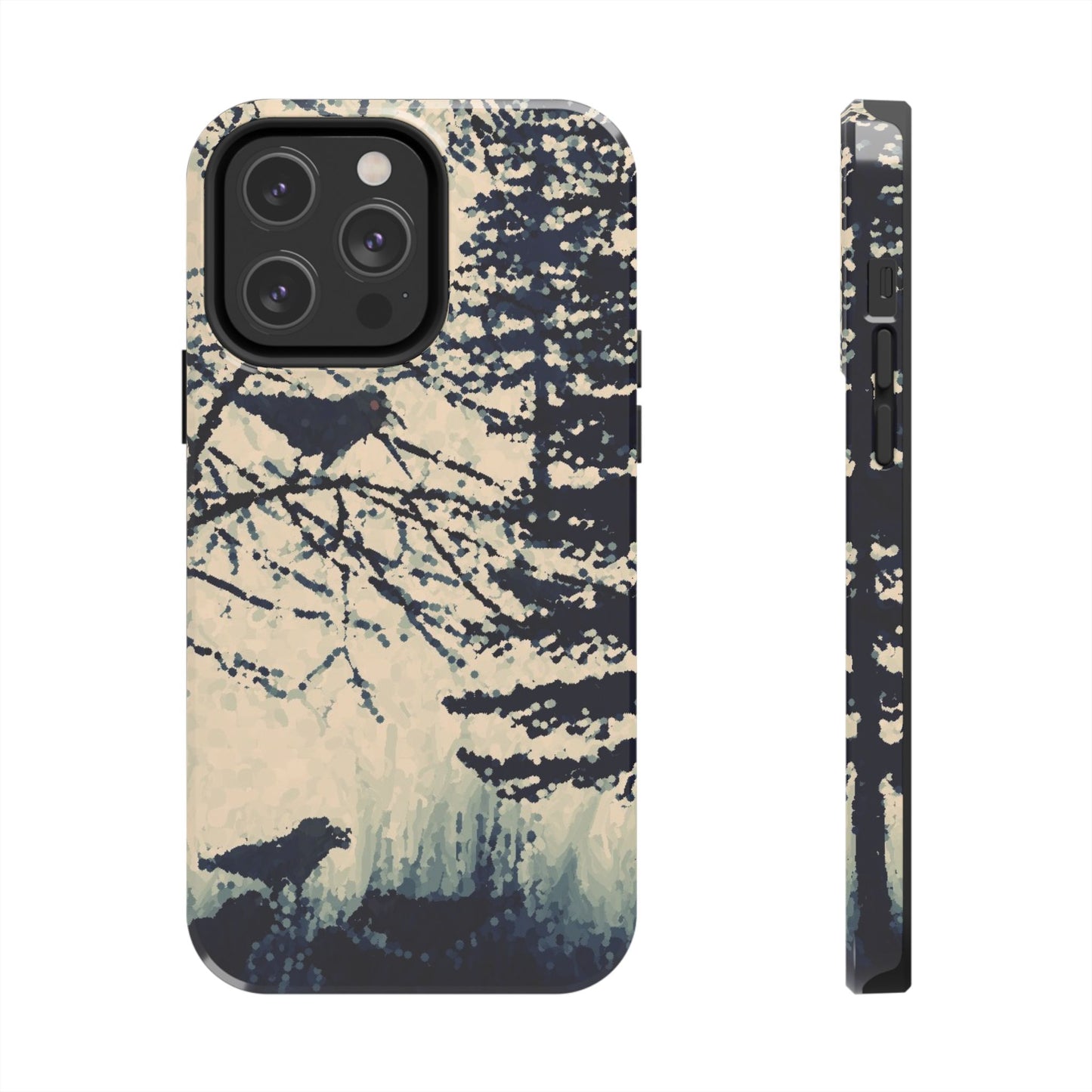 Crows in Forest Tough Phone Cases, iPhone & Samsung cases, wireless charging, crows, trees, birds, original artwork, gifts, Halloween