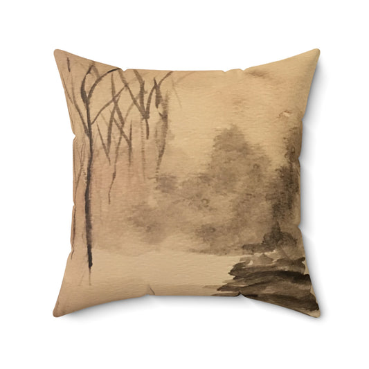 Winter Scene Spun Polyester Square Pillow, Original Watercolor, Decor, Throw, Dorm, Gift, Holiday, Trees, Forest, Nature, Rustic, 4 Sizes