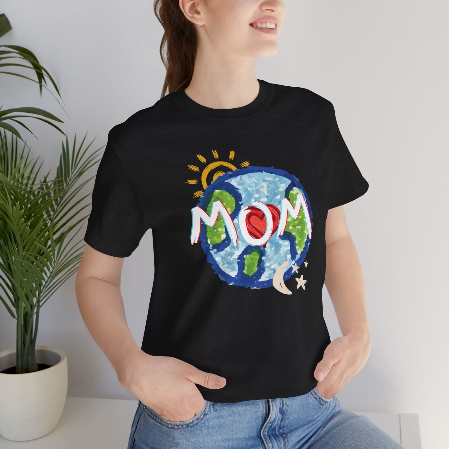MOM Unisex Tee, Whole World, Sun Moon Stars, Heart, Love, Mothers Day, Gifts for Women, Comfy, Soft, Casual, Gender Neutral, Short Sleeves