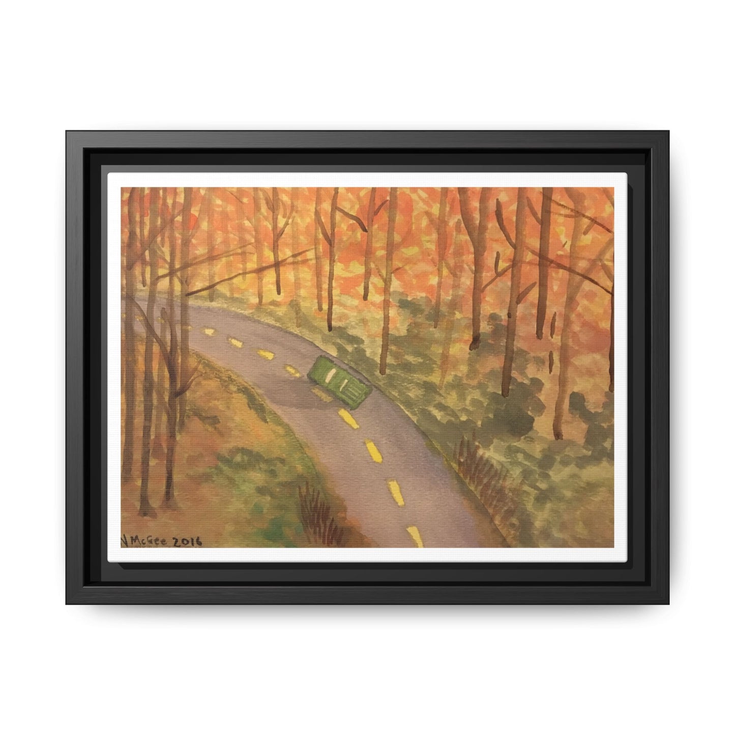 Black Frame Autumn Drive in the Country, Original Watercolor Matte Print, Fall Leaves, Nature, Trees, Artwork, Wall Art, Gift, Colorful