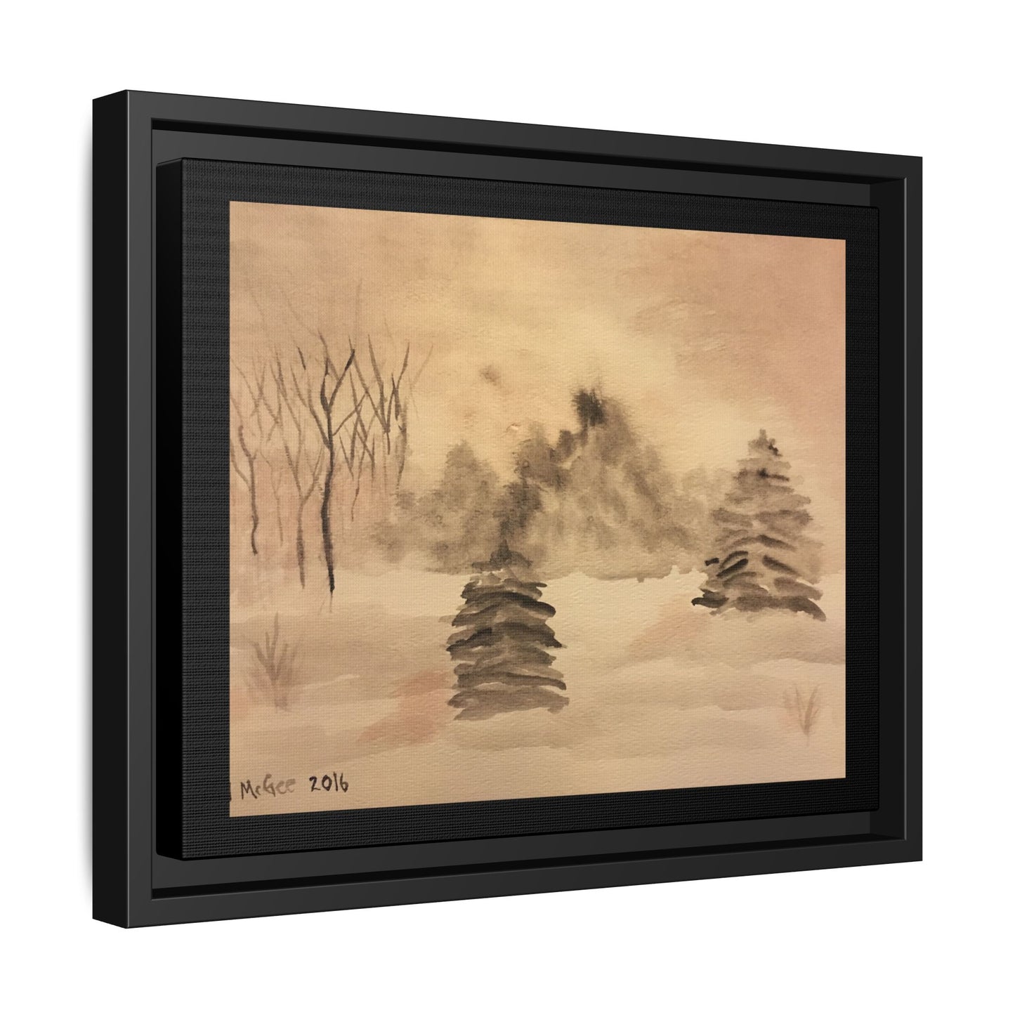 Black Frame Winter Scene, Original Watercolor Print, Snow, Nature, Trees, Forest, Artwork, Wall Art, Canvas, Black Tones, Gift, Christmas
