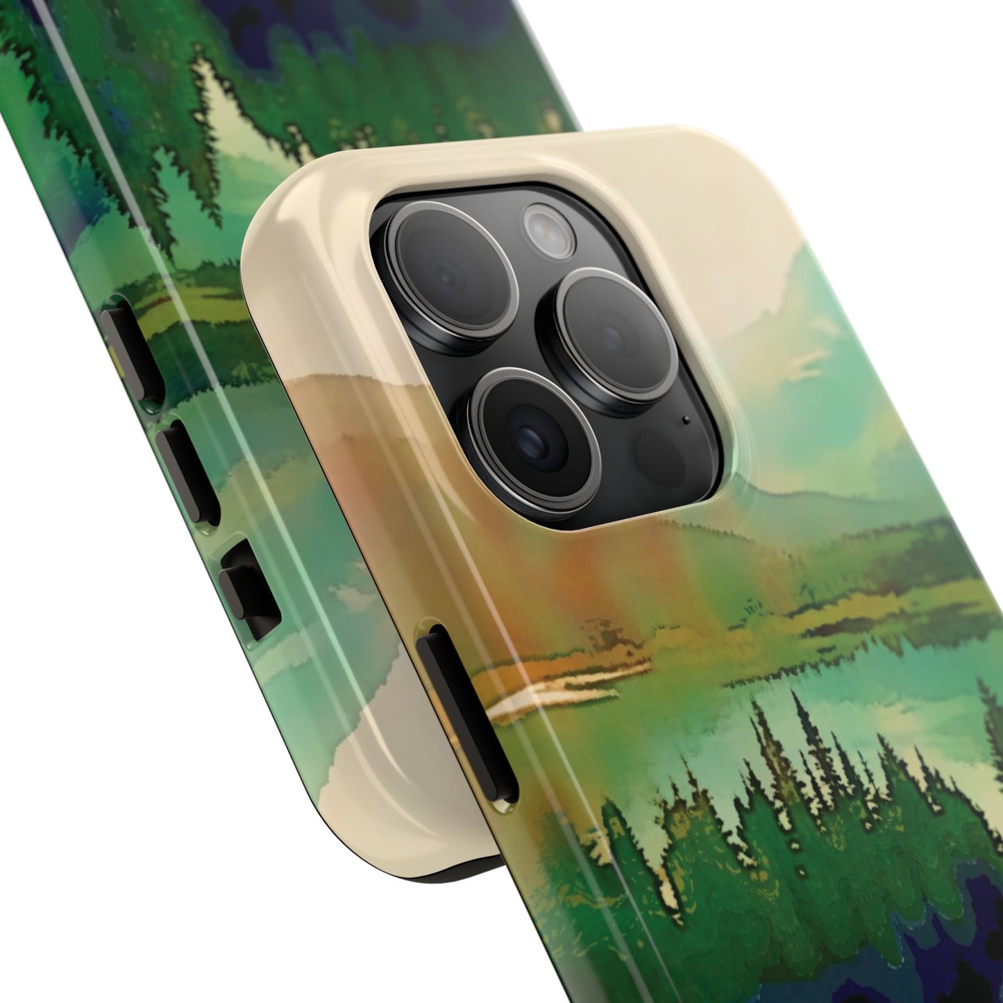 Mountain Lake Tough Phone Cases, iPhone & Samsung cases, wireless charging, trees, nature, colorful, original artwork, gifts, Christmas