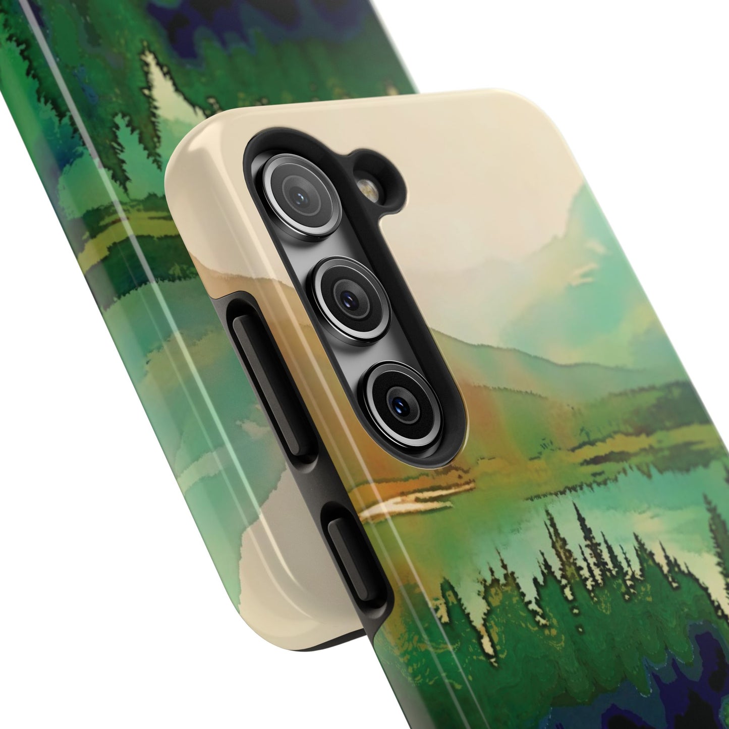Mountain Lake Tough Phone Cases, iPhone & Samsung cases, wireless charging, trees, nature, colorful, original artwork, gifts, Christmas