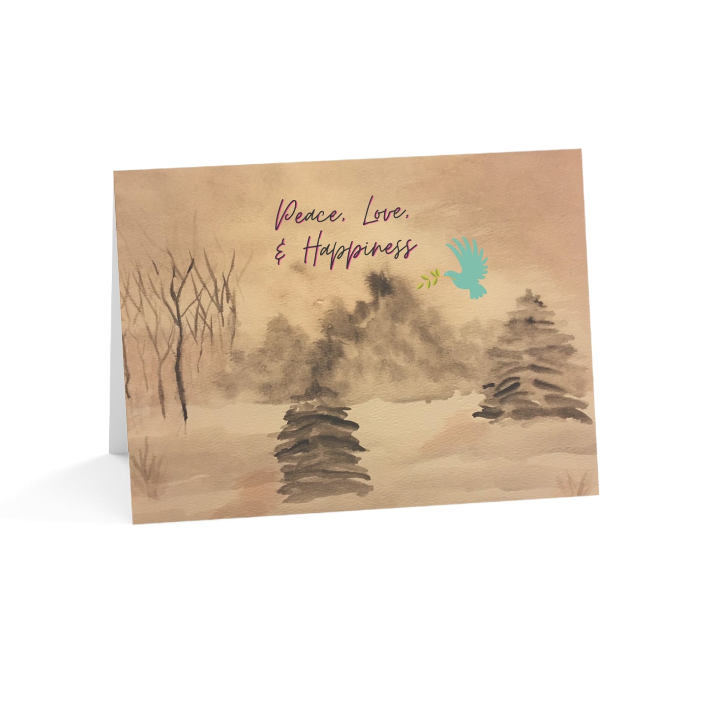 Holiday Greeting Cards Original Artwork Winter Scene (10, 30, & 50pcs), Peace Love Happiness, Wishing Joyful Healthy New Year, 4 size/3 fin