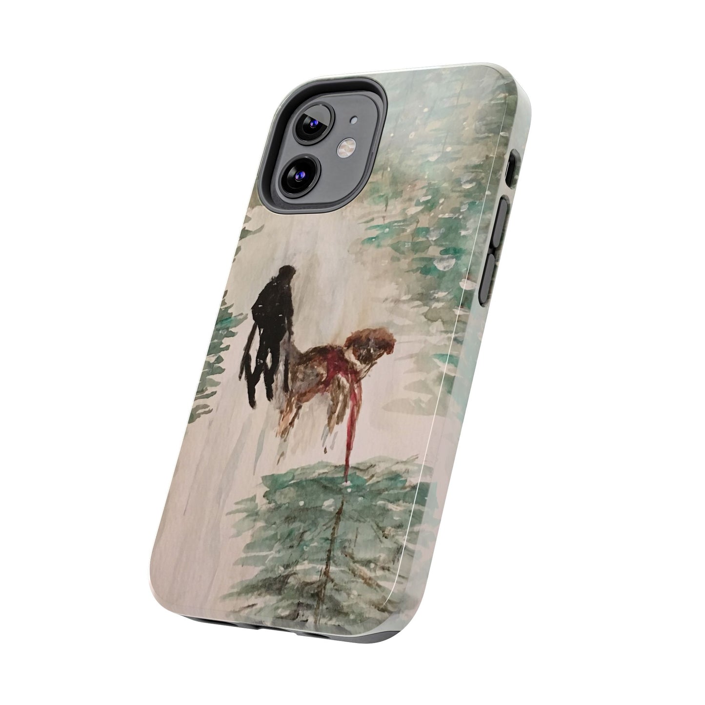 Skier Dog Pulling Tree Tough Phone Cases, iPhone & Samsung cases, wireless charging, pine trees, snow, original artwork, gifts, Christmas
