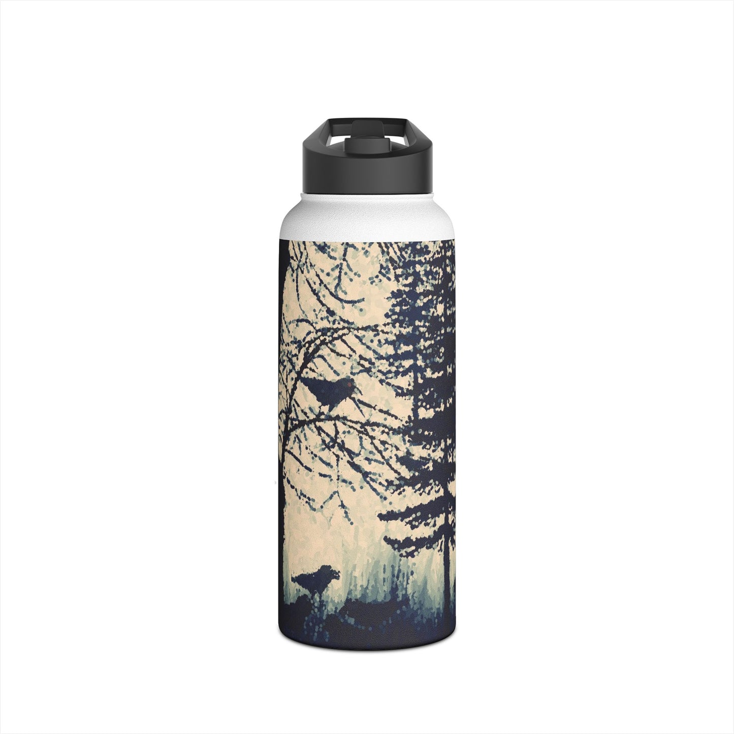 Crows in Forest Stainless Steel Water Bottle, Trees, Birds, Nature, Original Artwork, Exercise, Gift, Black & White, Eco BPA-free, Halloween