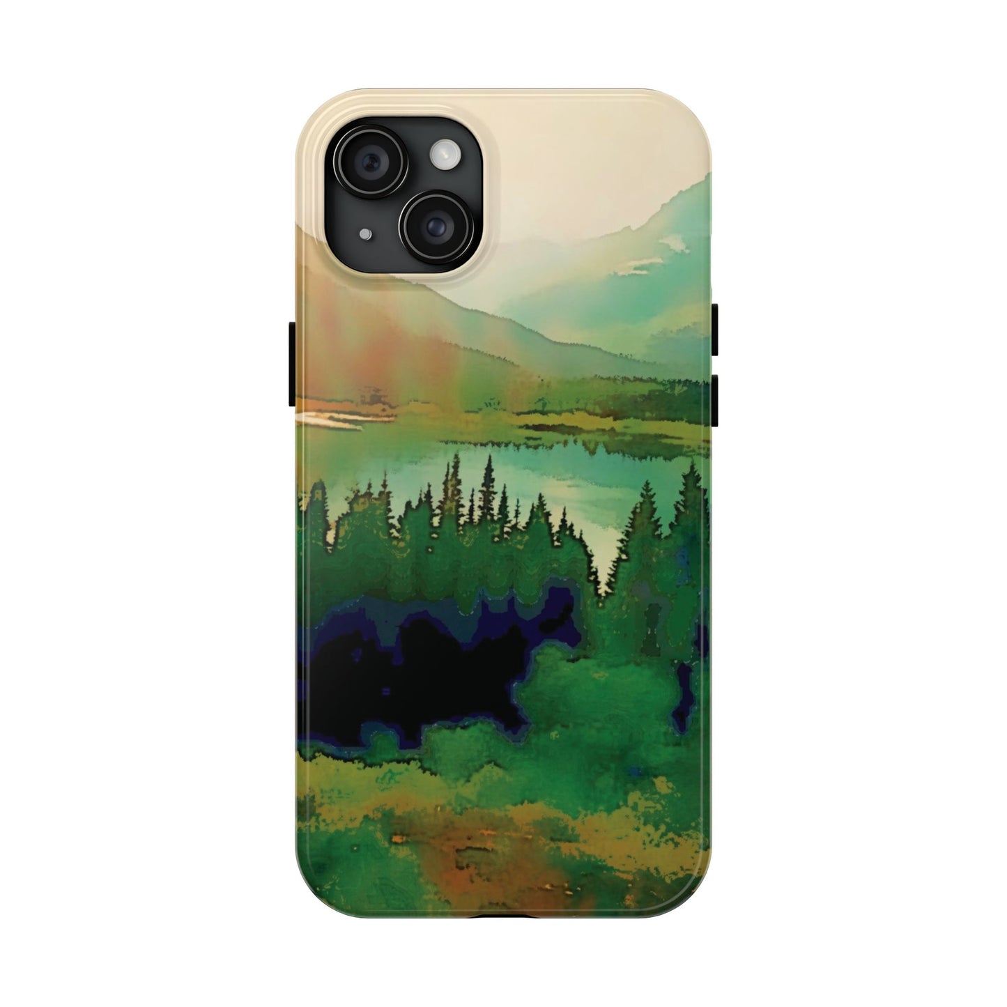 Mountain Lake Tough Phone Cases, iPhone & Samsung cases, wireless charging, trees, nature, colorful, original artwork, gifts, Christmas