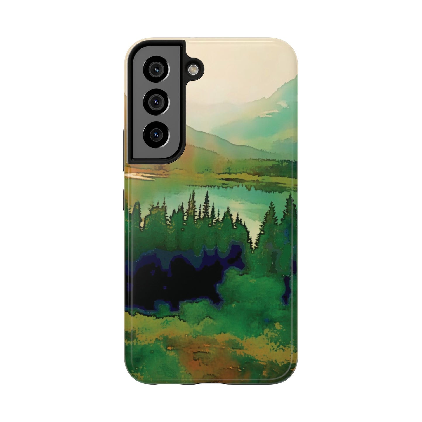 Mountain Lake Tough Phone Cases, iPhone & Samsung cases, wireless charging, trees, nature, colorful, original artwork, gifts, Christmas