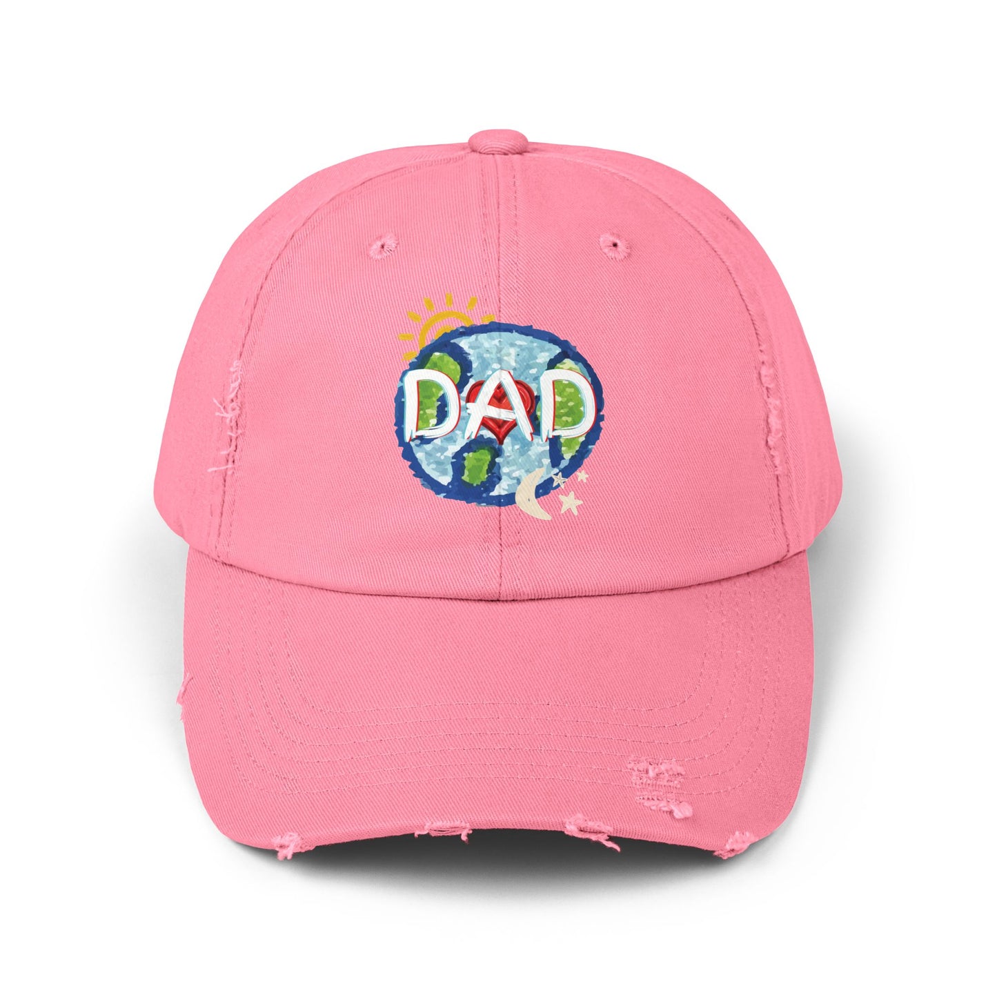 DAD Unisex Distressed Cap, Whole World, Sun, Moon & Stars, Heart, Fathers Day, Gift, Hats, Cotton Twill, Adjustable, Gifts for Men
