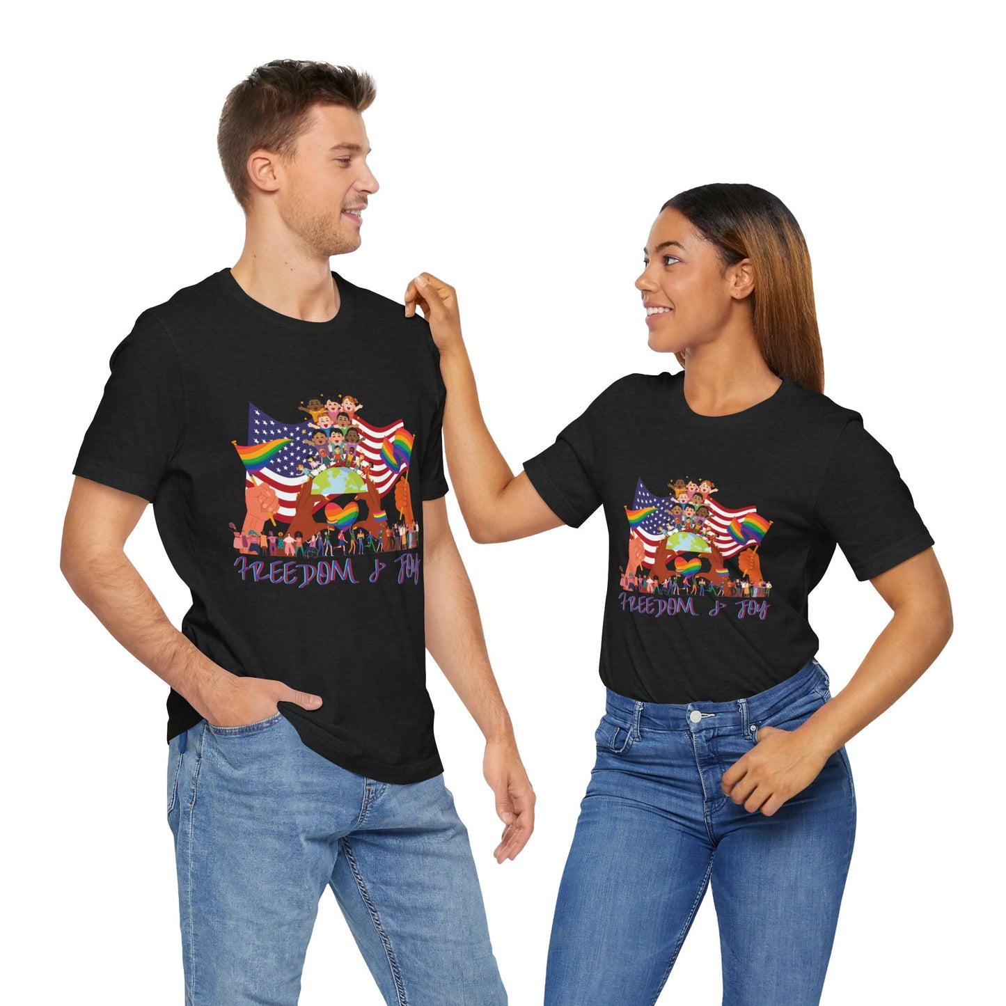 Freedom & Joy Unisex Tee, America, Inclusion, Equality, Love, Pride, Flag, Election, Gift, Comfy, Soft, Casual, Gender Neutral, Short Sleeve