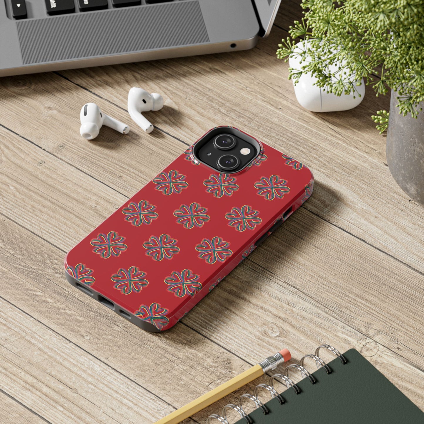 Floral Tough Phone Case, Red Phone Cover, Protective Tech Accessory, Botanical Phone Shell, Gift for Gardeners, Colorful, Wireless Charging