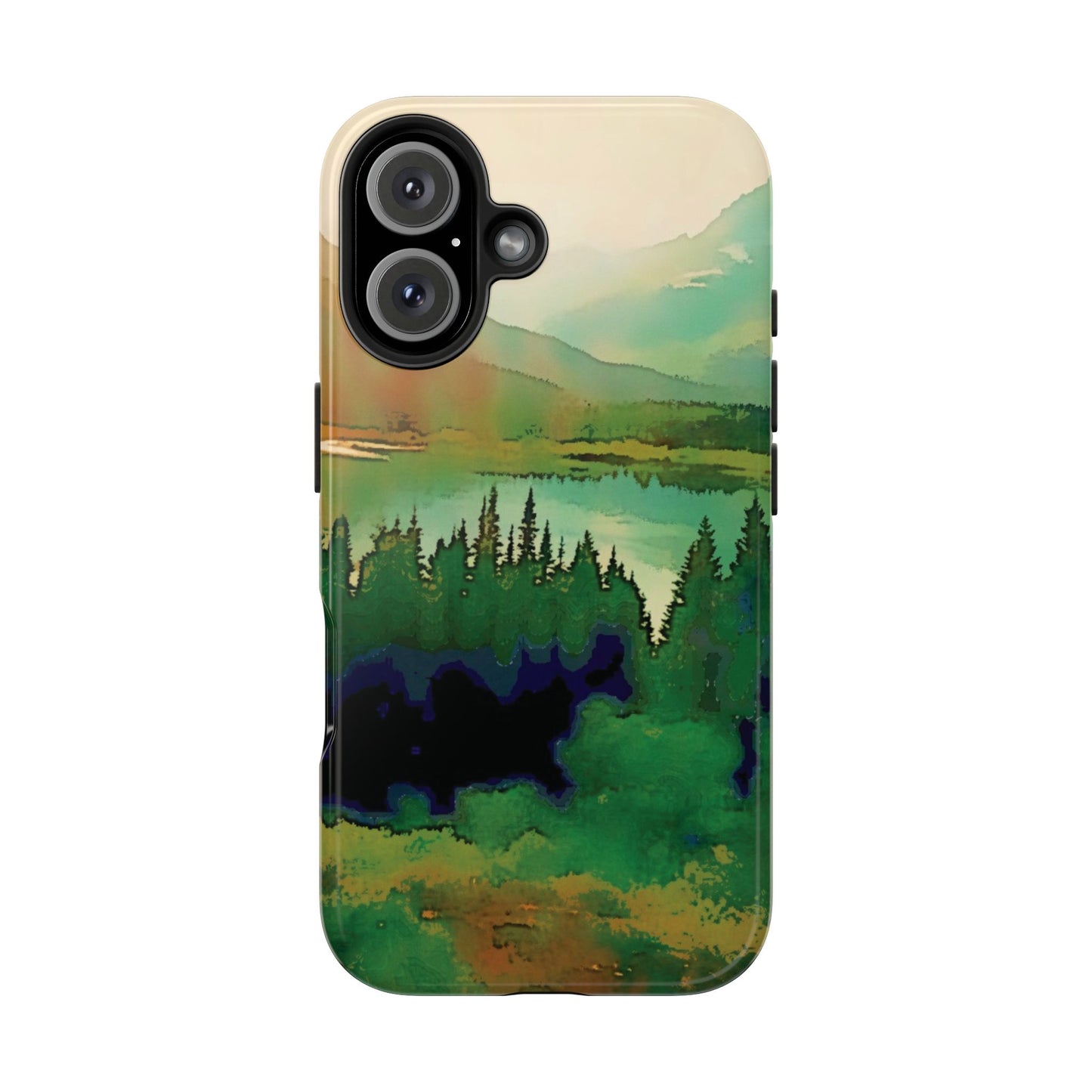 Mountain Lake Tough Phone Cases, iPhone & Samsung cases, wireless charging, trees, nature, colorful, original artwork, gifts, Christmas