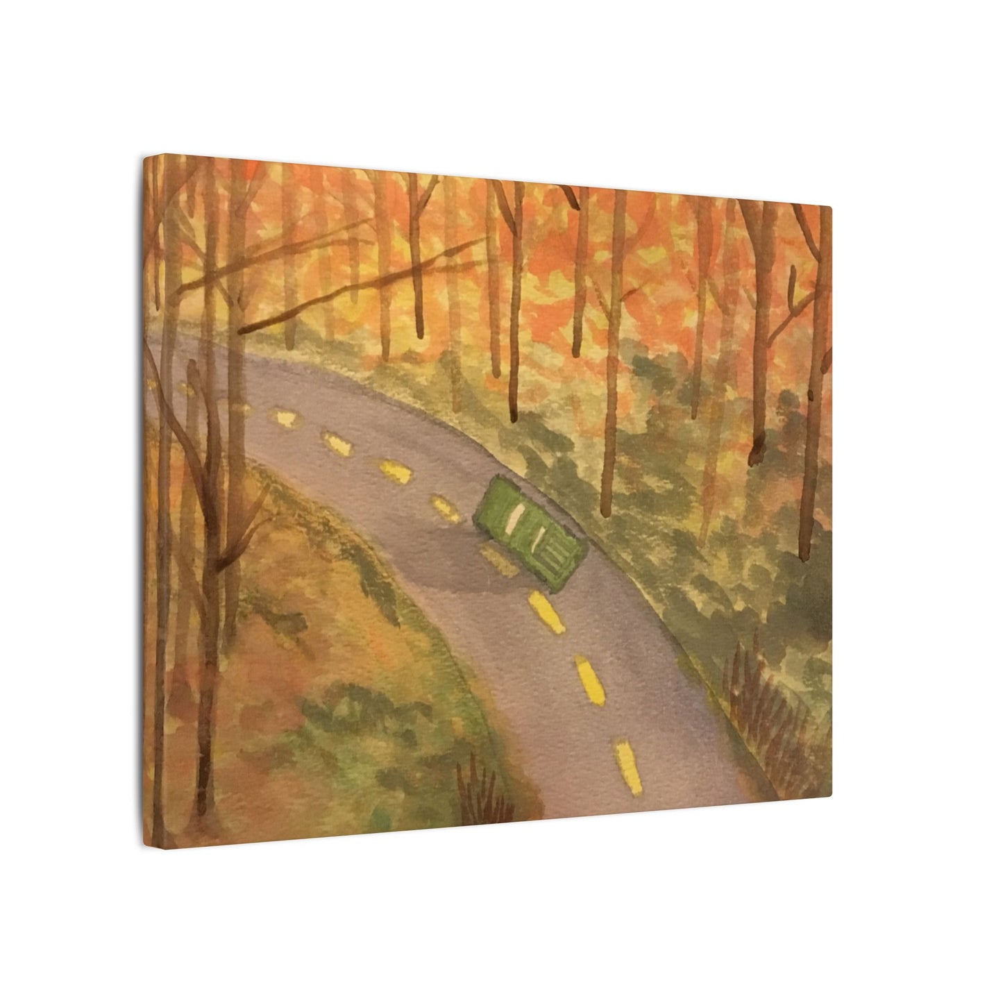 Canvas Wrap Autumn Drive in the Country, Nature, America, Trees, Original Watercolor Print, Artwork, Wall Art, Green Truck, Fall Leaves