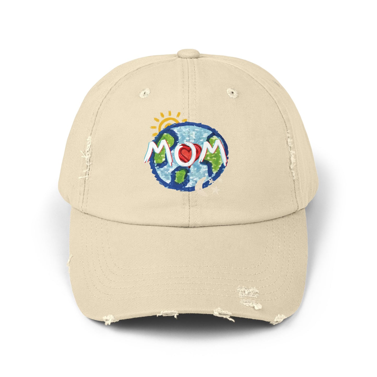 MOM Unisex Distressed Cap, Whole World, Sun, Moon & Stars, Heart, Mothers Day, Gifts for Women, Gift, Hats, Cotton Twill, Adjustable