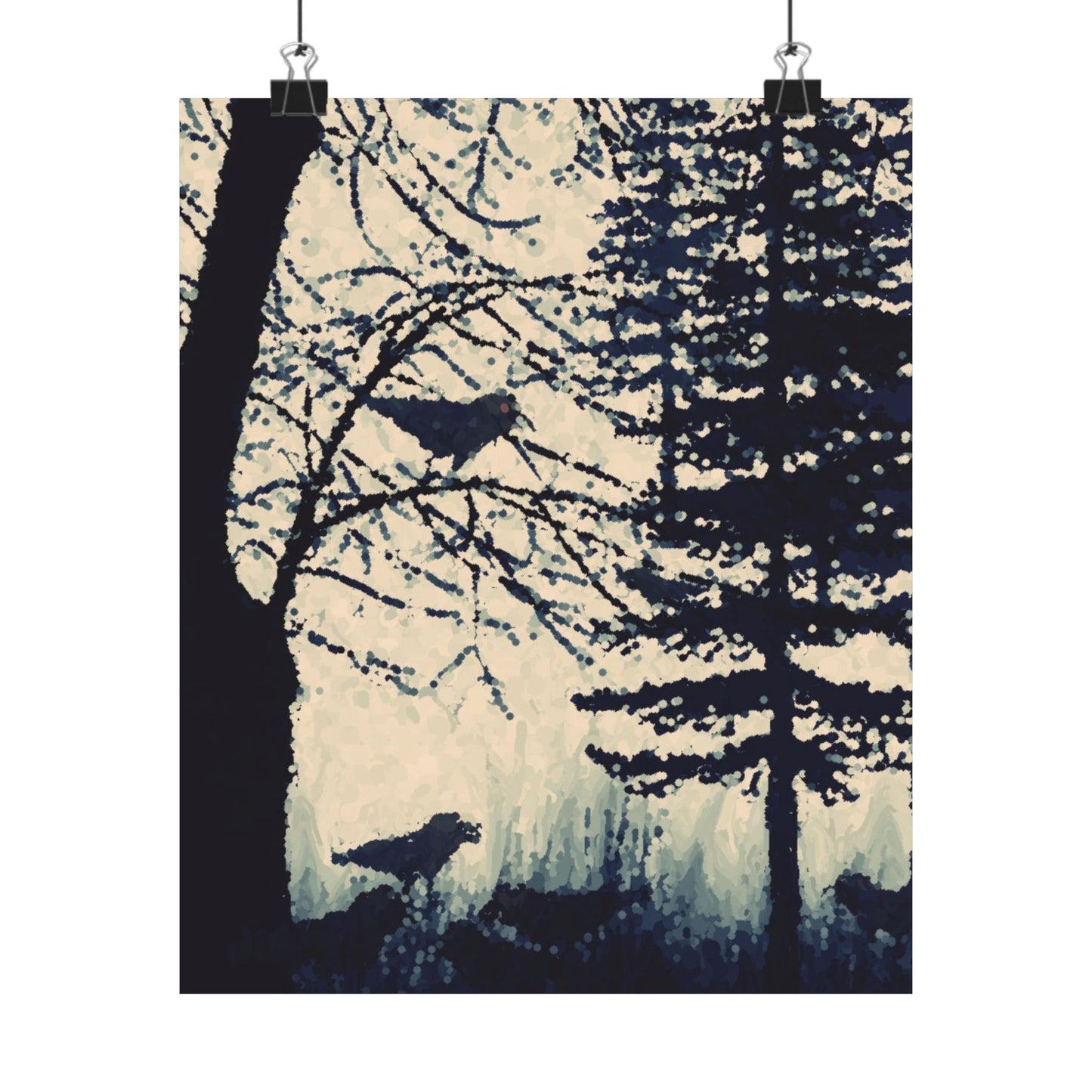Crows in Forest Matte Vertical Poster, You Frame, Wall Art, Original Artwork, Decor, Gift, Nature, Trees, Birds, Dorm, Halloween, Dark
