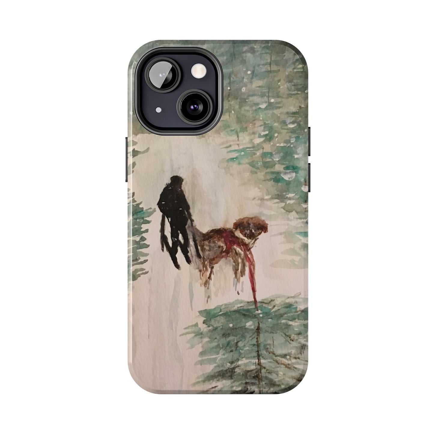Skier Dog Pulling Tree Tough Phone Cases, iPhone & Samsung cases, wireless charging, pine trees, snow, original artwork, gifts, Christmas