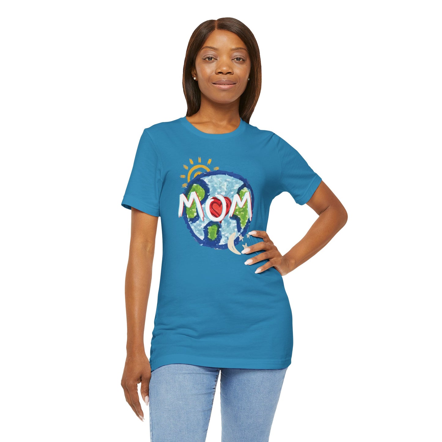 MOM Unisex Tee, Whole World, Sun Moon Stars, Heart, Love, Mothers Day, Gifts for Women, Comfy, Soft, Casual, Gender Neutral, Short Sleeves