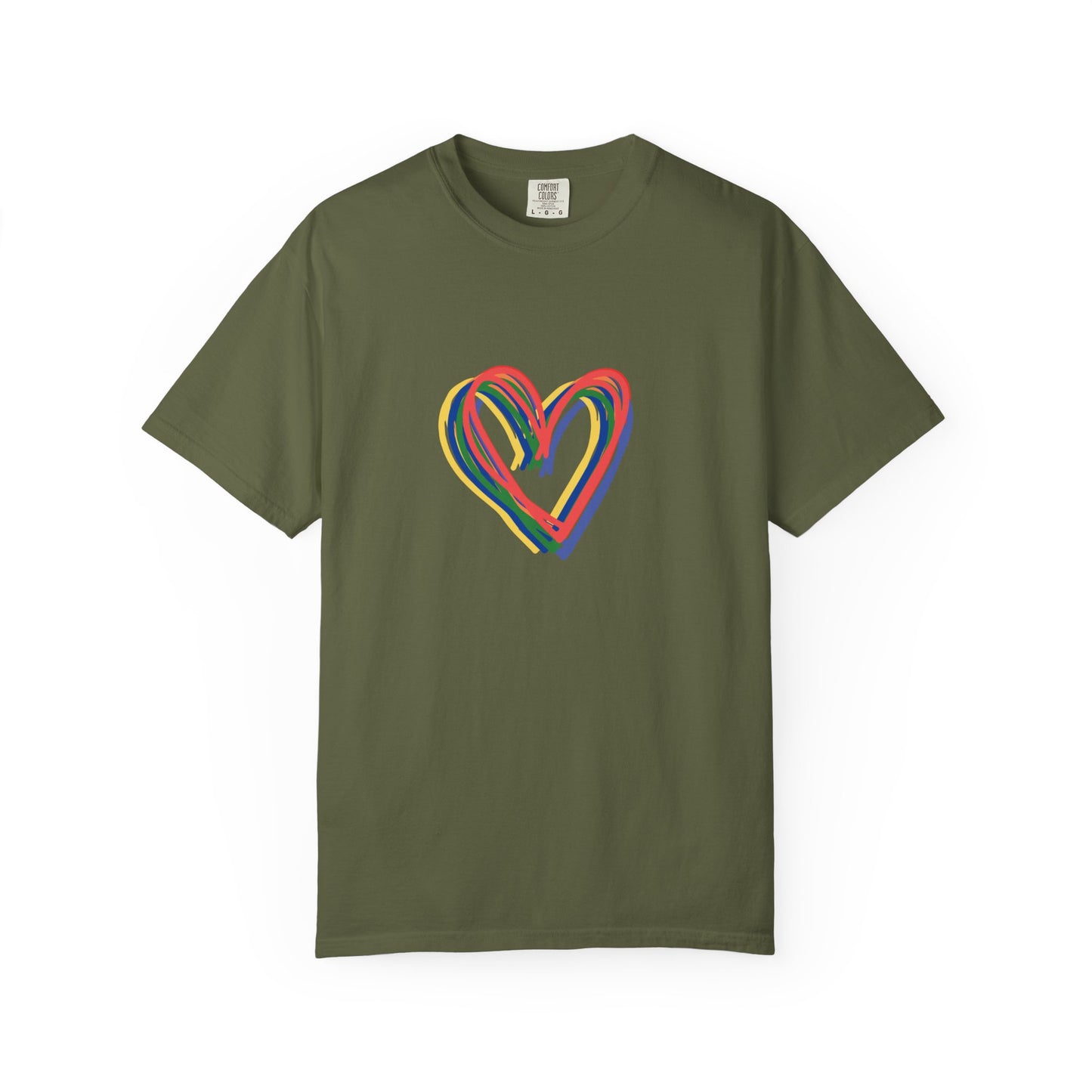 Rainbow Hearts Unisex Garment-Dyed T-shirt, love, Pride, gender neutral, casual, men, women, relaxed, soft, preshrunk cotton, Valentines Day
