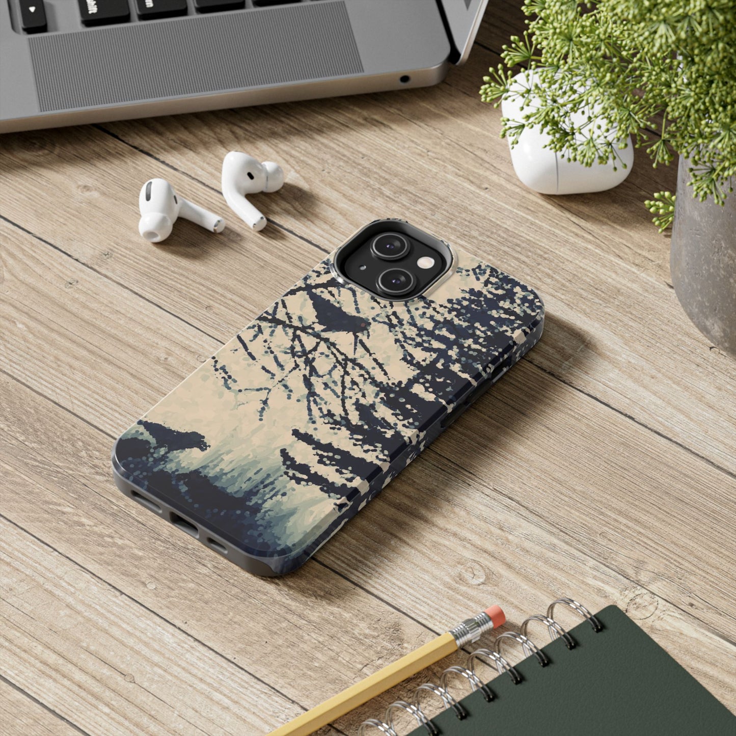 Crows in Forest Tough Phone Cases, iPhone & Samsung cases, wireless charging, crows, trees, birds, original artwork, gifts, Halloween