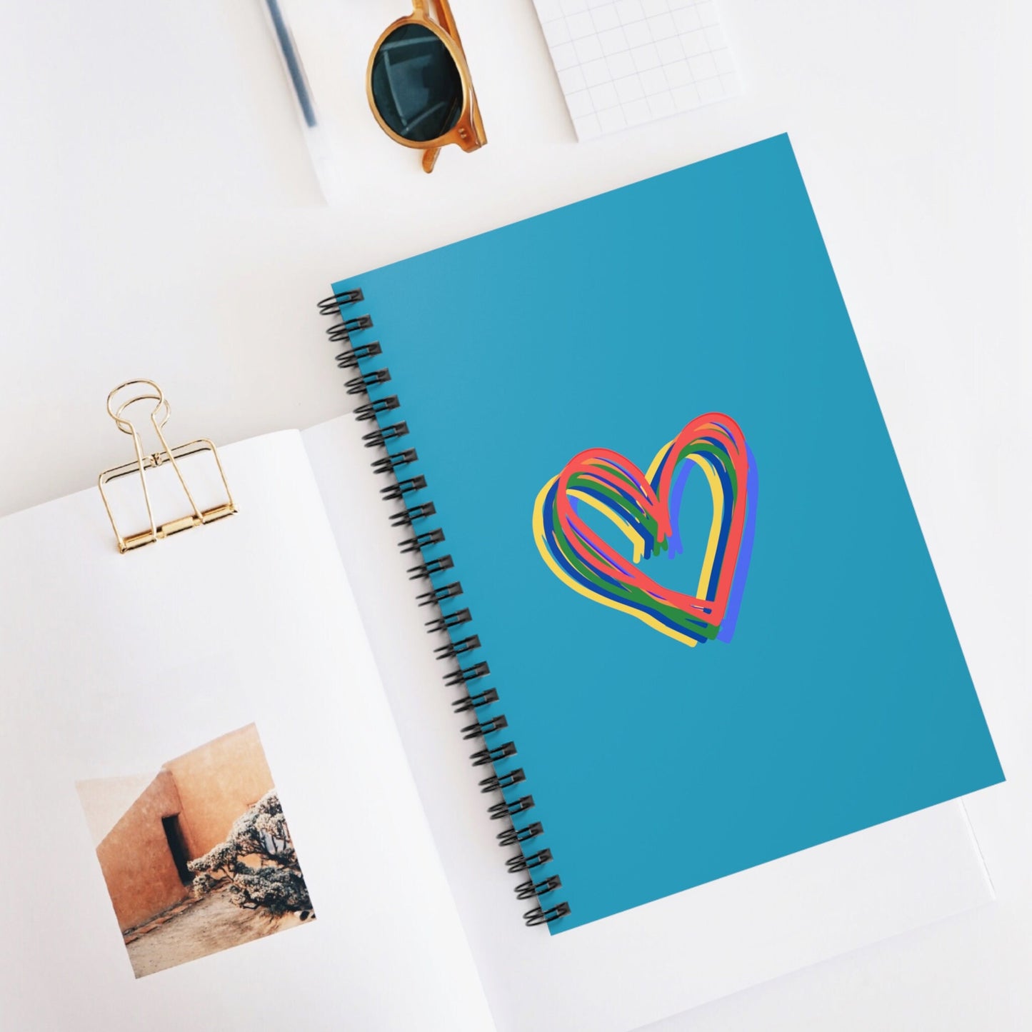 Rainbow Hearts Turquoise Spiral Notebook, Ruled Line, Love, gender neutral, journal, paper, write, teens, adults, kids, friends, Valentines