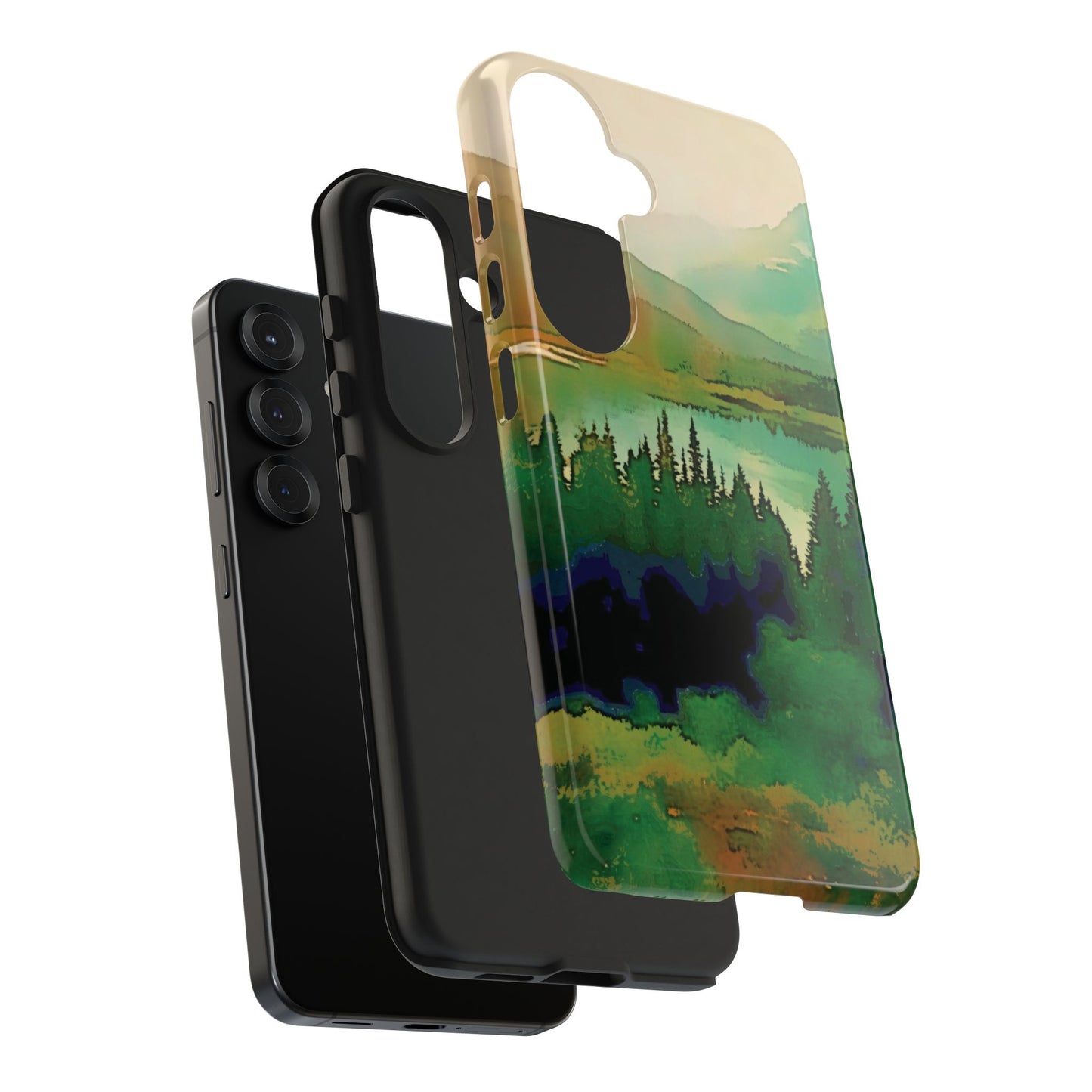 Mountain Lake Tough Phone Cases, iPhone & Samsung cases, wireless charging, trees, nature, colorful, original artwork, gifts, Christmas