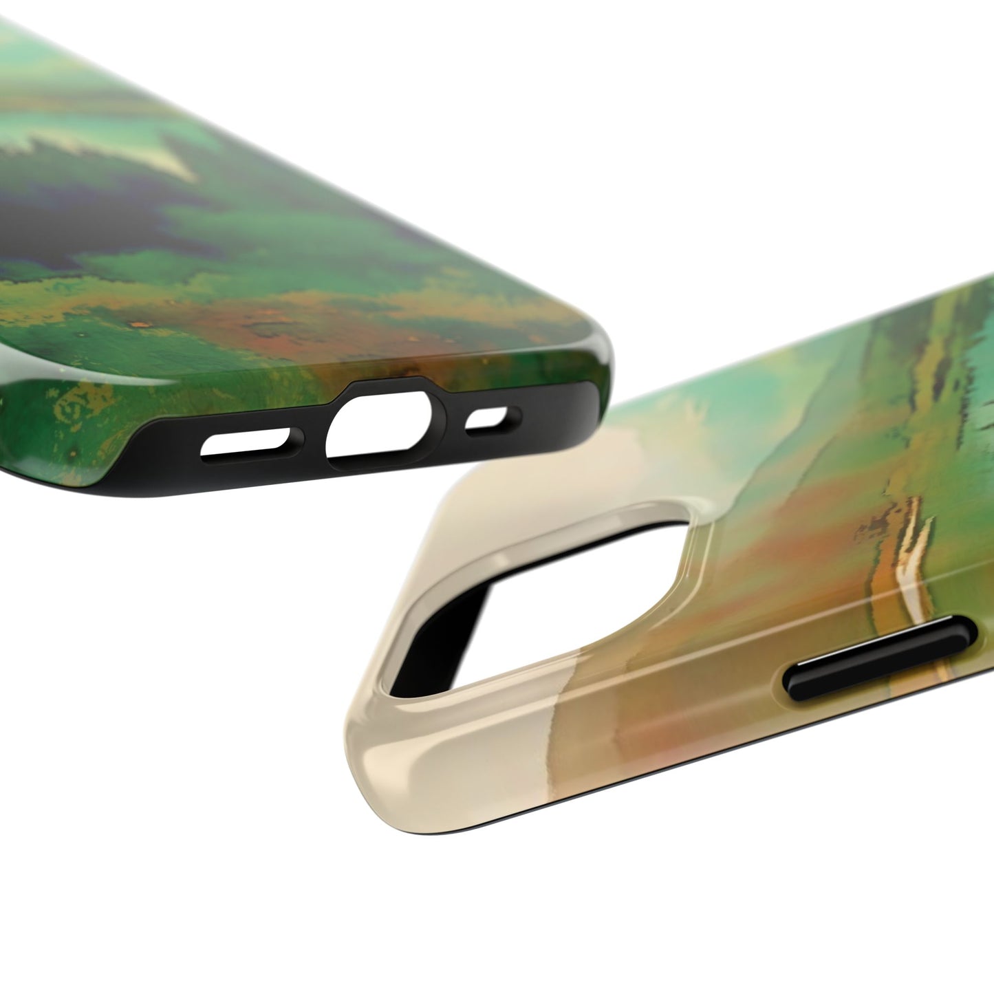 Mountain Lake Tough Phone Cases, iPhone & Samsung cases, wireless charging, trees, nature, colorful, original artwork, gifts, Christmas
