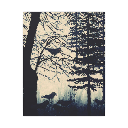 Canvas Wrap Crows in Forest, Dark, Black and White, Original Artwork, Wall Art, Decor, Trees, Birds, Nature, Halloween, Gift, Eco, Matte