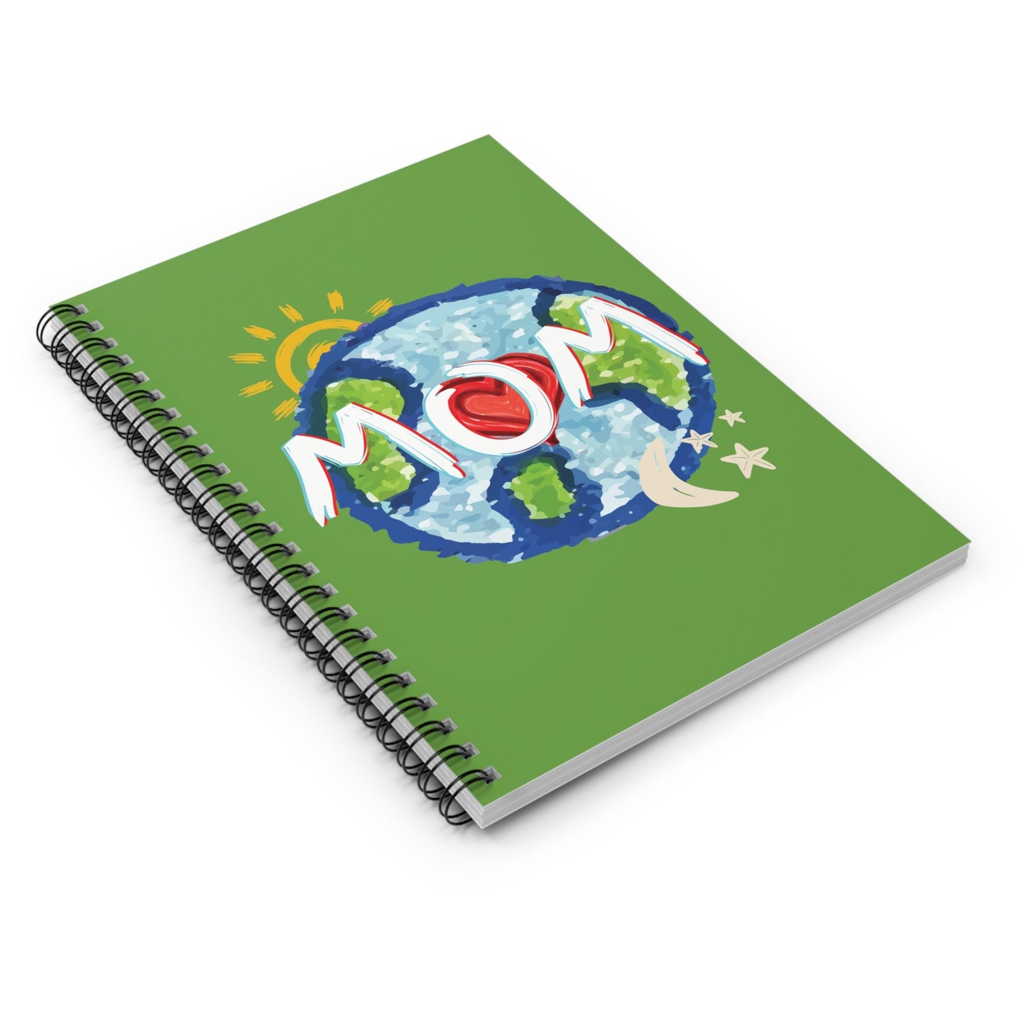 MOM Green Spiral Notebook, Ruled Line, Whole World, Sun, Moon & Stars, Heart, Love, Mothers Day, Gifts for Women, Writing, Journal, Paper